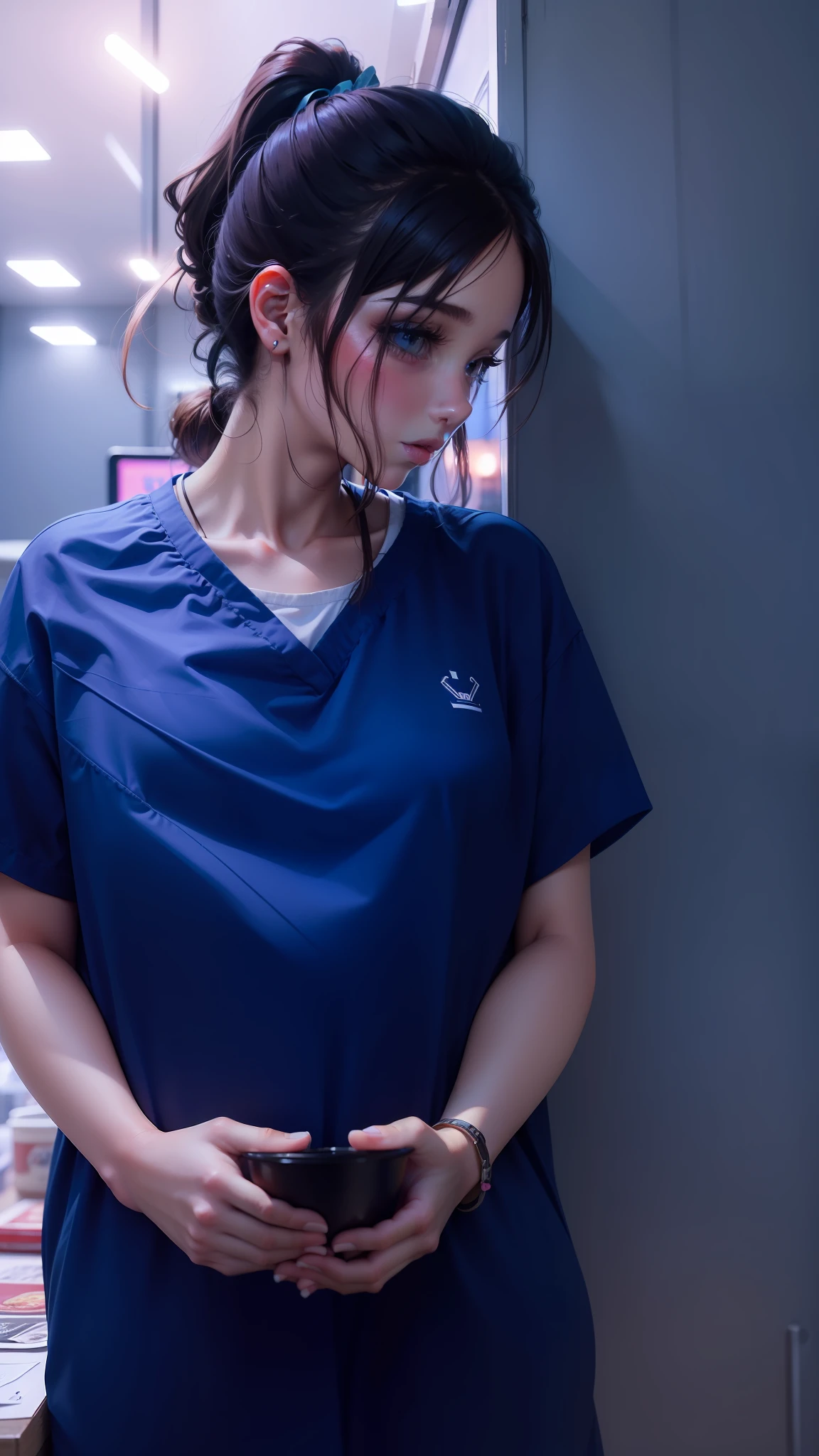 girl, brunette color hair, Short high ponytail,