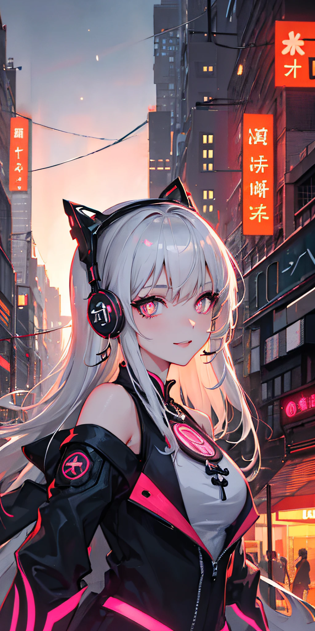 1 girl, Chinese_clothes, liquid silver and orange, cyberhan, cheongsam, cyberpunk city, dynamic pose, detailed luminous headphones, glowing hair accessories, long hair, glowing earrings, glowing necklace, cyberpunk, high-tech city, full of mechanical and futuristic elements, futuristic, technology, glowing neon, orange, orange light, transparent tulle, transparent streamers, laser, digital background urban sky, big moon, with vehicles, best quality, masterpiece, 8K, character edge light, Super high detail, high quality, the most beautiful woman in human beings, micro smile, face facing front and left and right symmetry, ear decoration, beautiful pupils, light effects, visual data, silver white hair, super detail facial texture