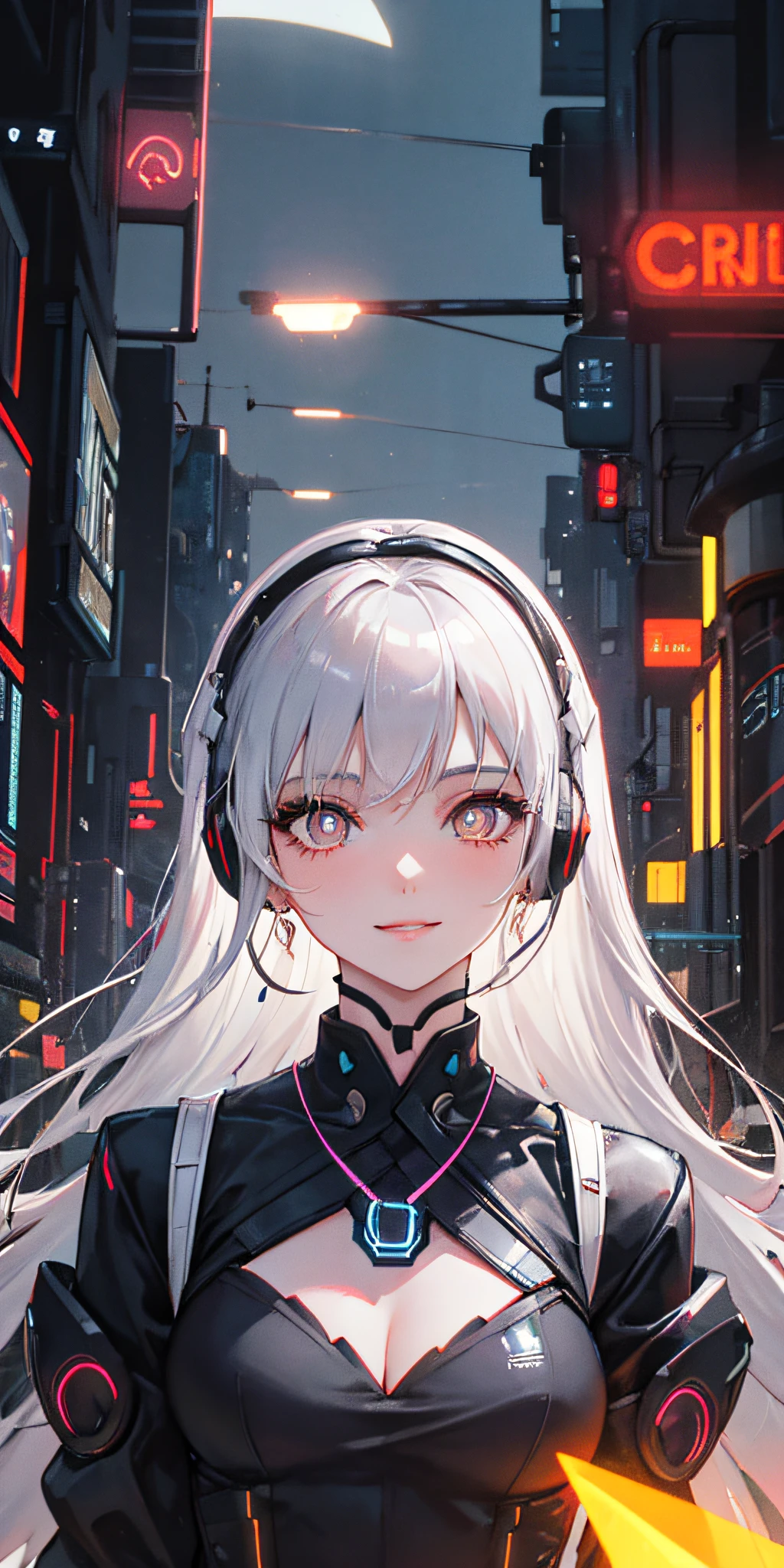 1 girl, Chinese_clothes, liquid silver and orange, cyberhan, cheongsam, cyberpunk city, dynamic pose, detailed luminous headphones, glowing hair accessories, long hair, glowing earrings, glowing necklace, cyberpunk, high-tech city, full of mechanical and futuristic elements, futuristic, technology, glowing neon, orange, orange light, transparent tulle, transparent streamers, laser, digital background urban sky, big moon, with vehicles, best quality, masterpiece, 8K, character edge light, Super high detail, high quality, the most beautiful woman in human beings, micro smile, face facing front and left and right symmetry, ear decoration, beautiful pupils, light effects, visual data, silver white hair, super detail facial texture