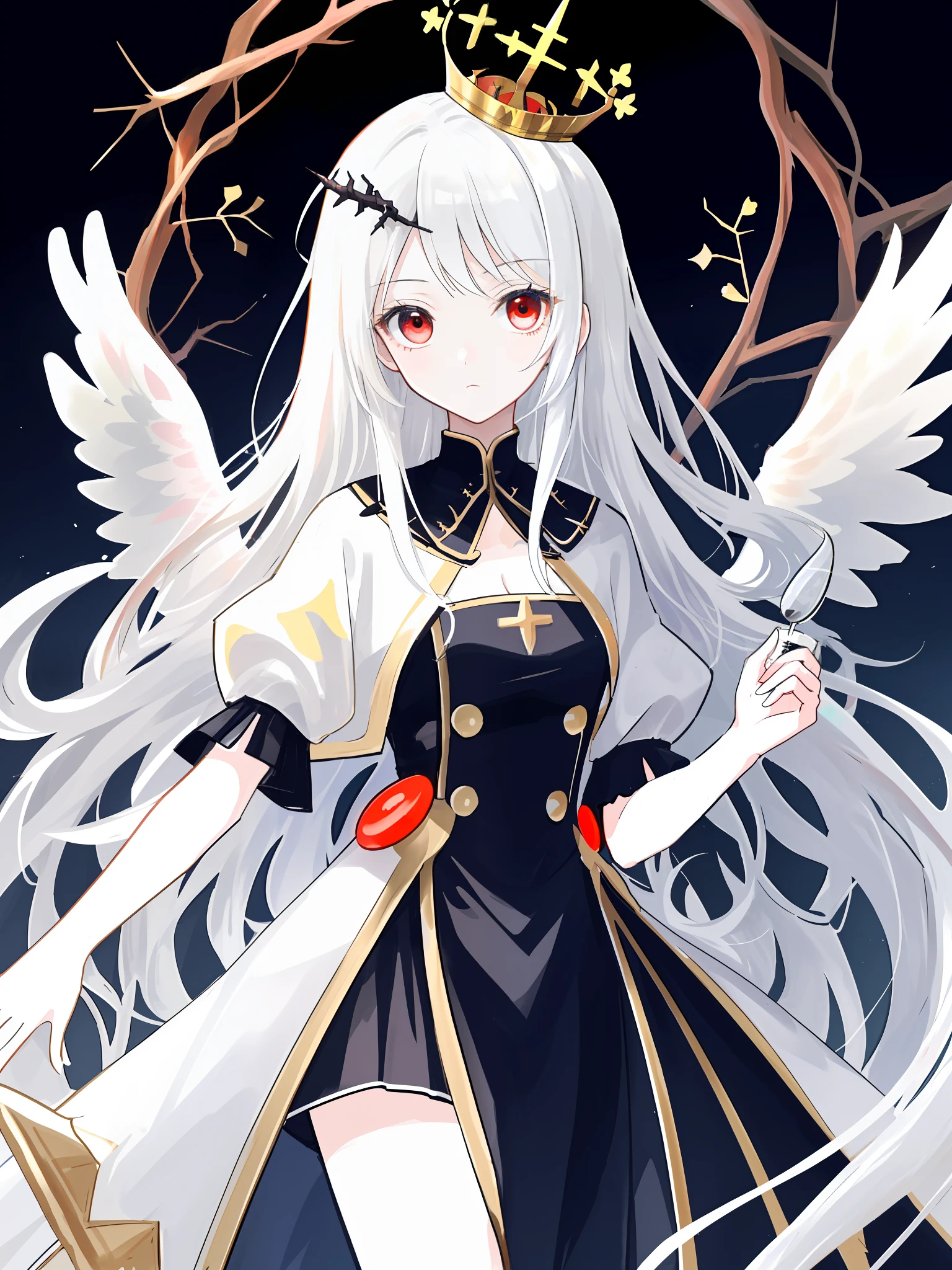 The is very detailed,bit girl,Poor milk,White color hair,Long hair,Red double eyes,Crown of thorns,Five pairs of white angel wings