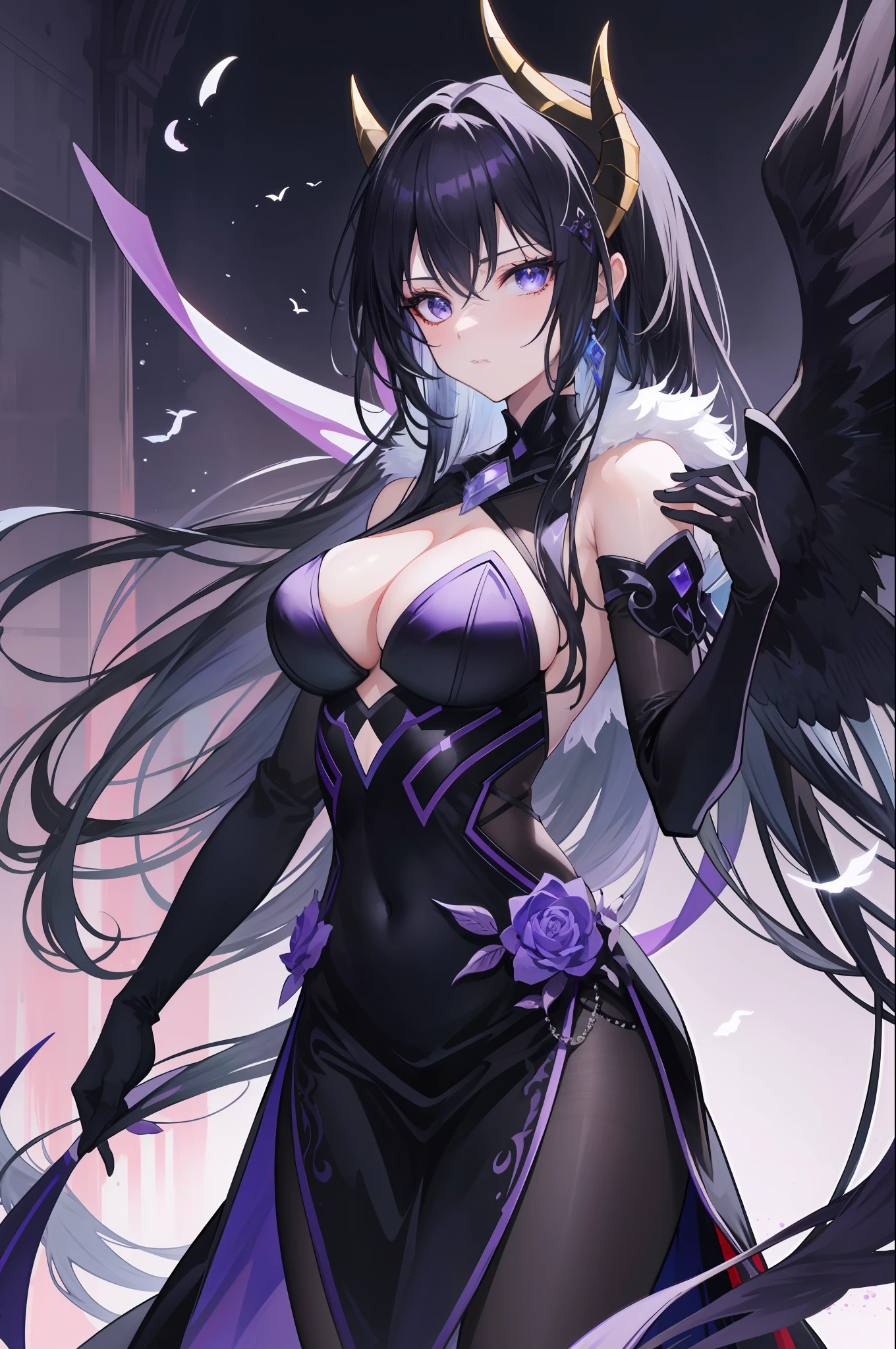 Woman in black and purple costume with bird on shoulder, villainess has black angel wings, Seductive Anime Girl, Very detailed ArtGerm, noire, beautiful alluring anime woman, best anime 4k konachan wallpaper, dark feathered wings, demon anime girl, 8k high quality detailed art, badass anime 8 K,