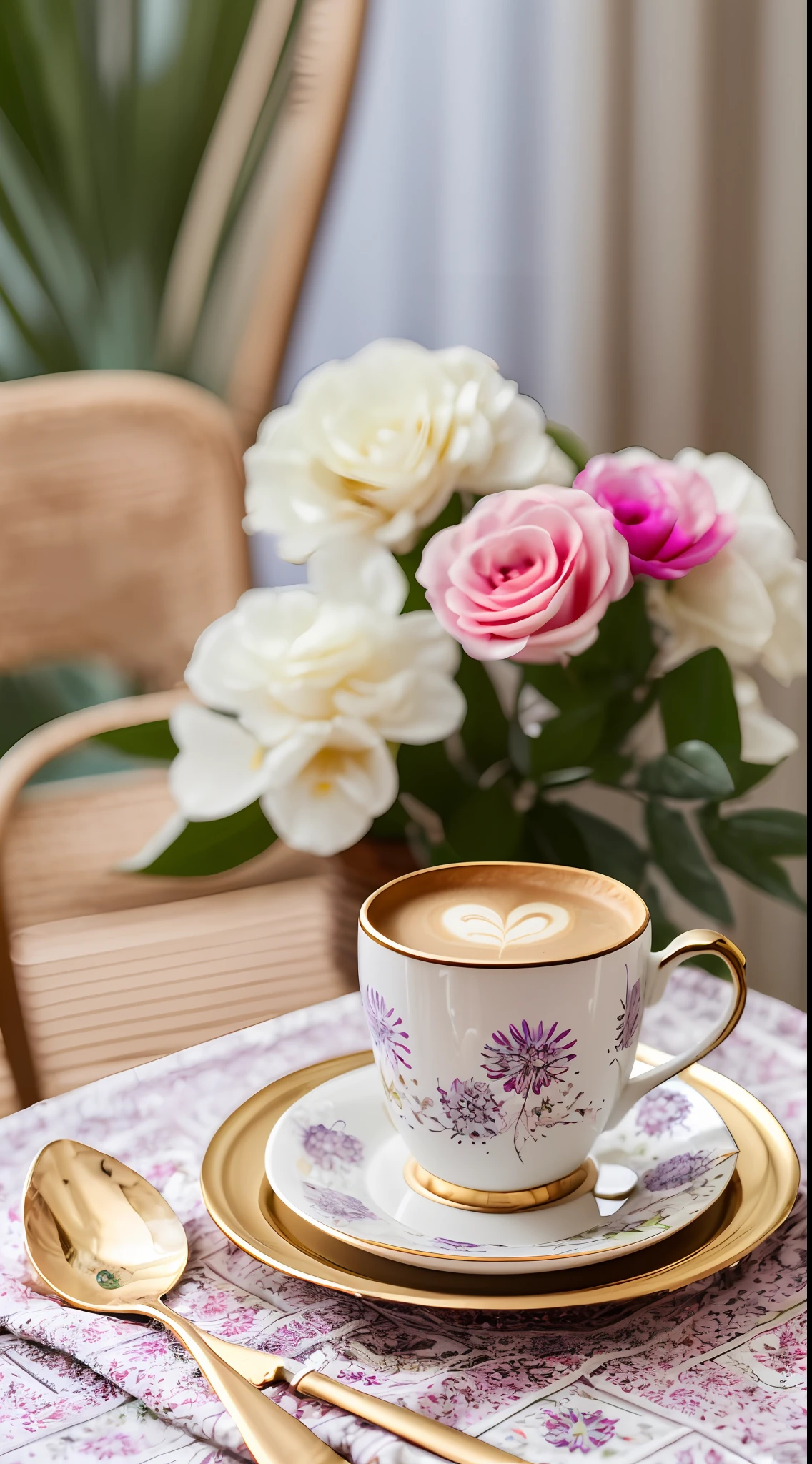 Coffee in a lovely gourmet cup,  Good morning, floral print, daytime lighting, Flowers, Chic, sugar, Coffee beans, Print Flowers, dessert, lace, crystals,  Golden Lines, Professional,  Realistic, Top Quality, tmasterpiece, polka dot tablecloth, Full color, a pastry --auto --s2