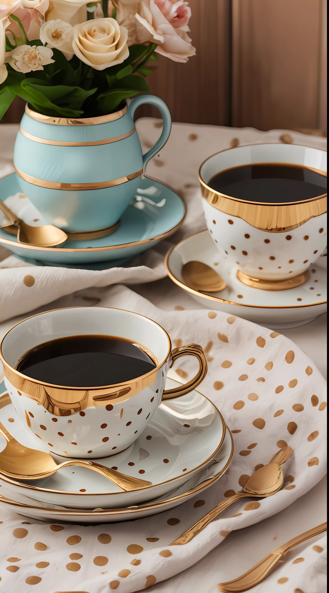 Coffee in a lovely gourmet cup,  Good morning, floral print, daytime lighting, Flowers, Chic, sugar, Coffee beans, Print Flowers, dessert, lace, crystals,  Golden Lines, Professional,  Realistic, Top Quality, tmasterpiece, polka dot tablecloth, Full color, a pastry --auto --s2