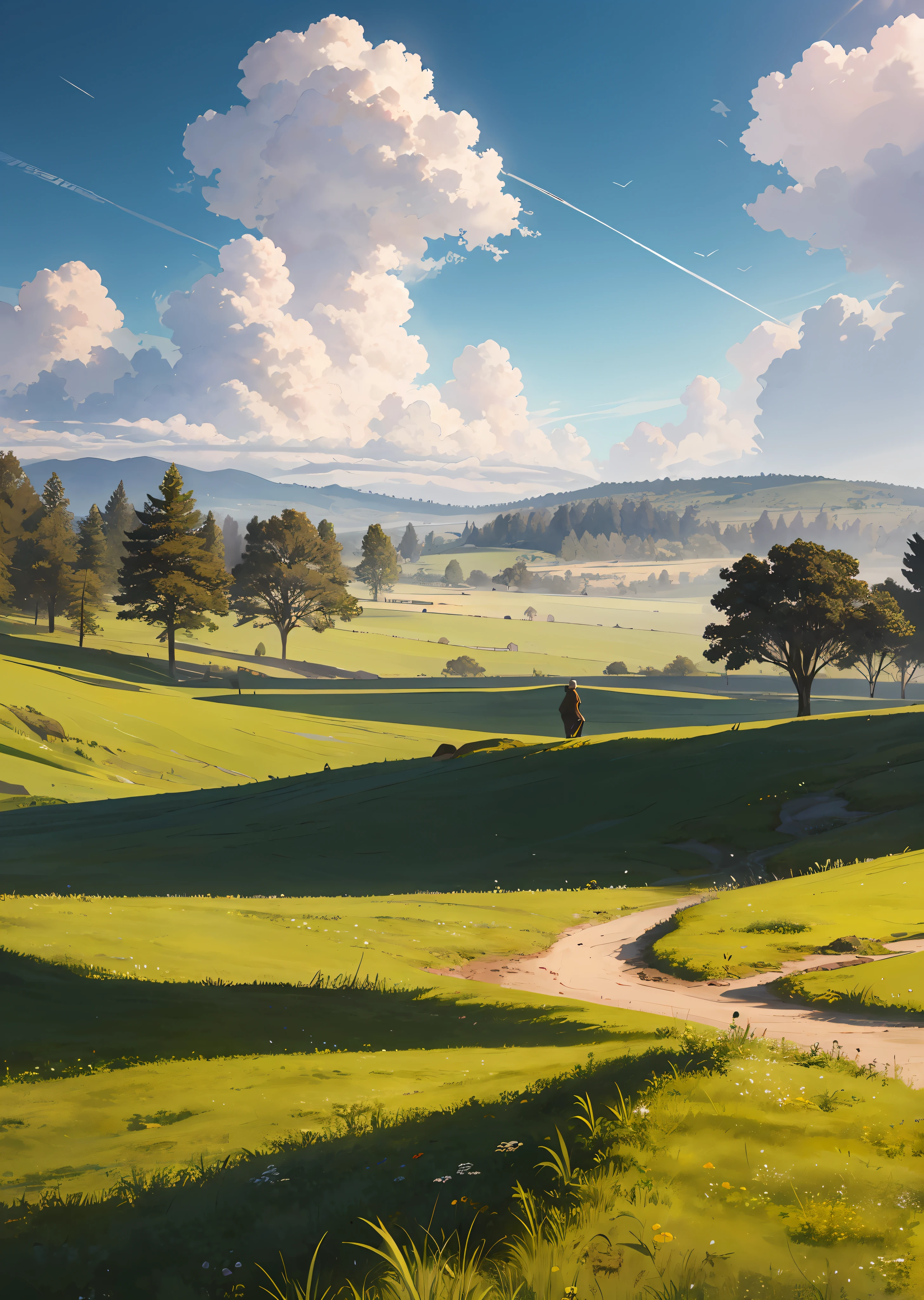 Vast sky, large grassland, moving visual effects, colorful natural light.