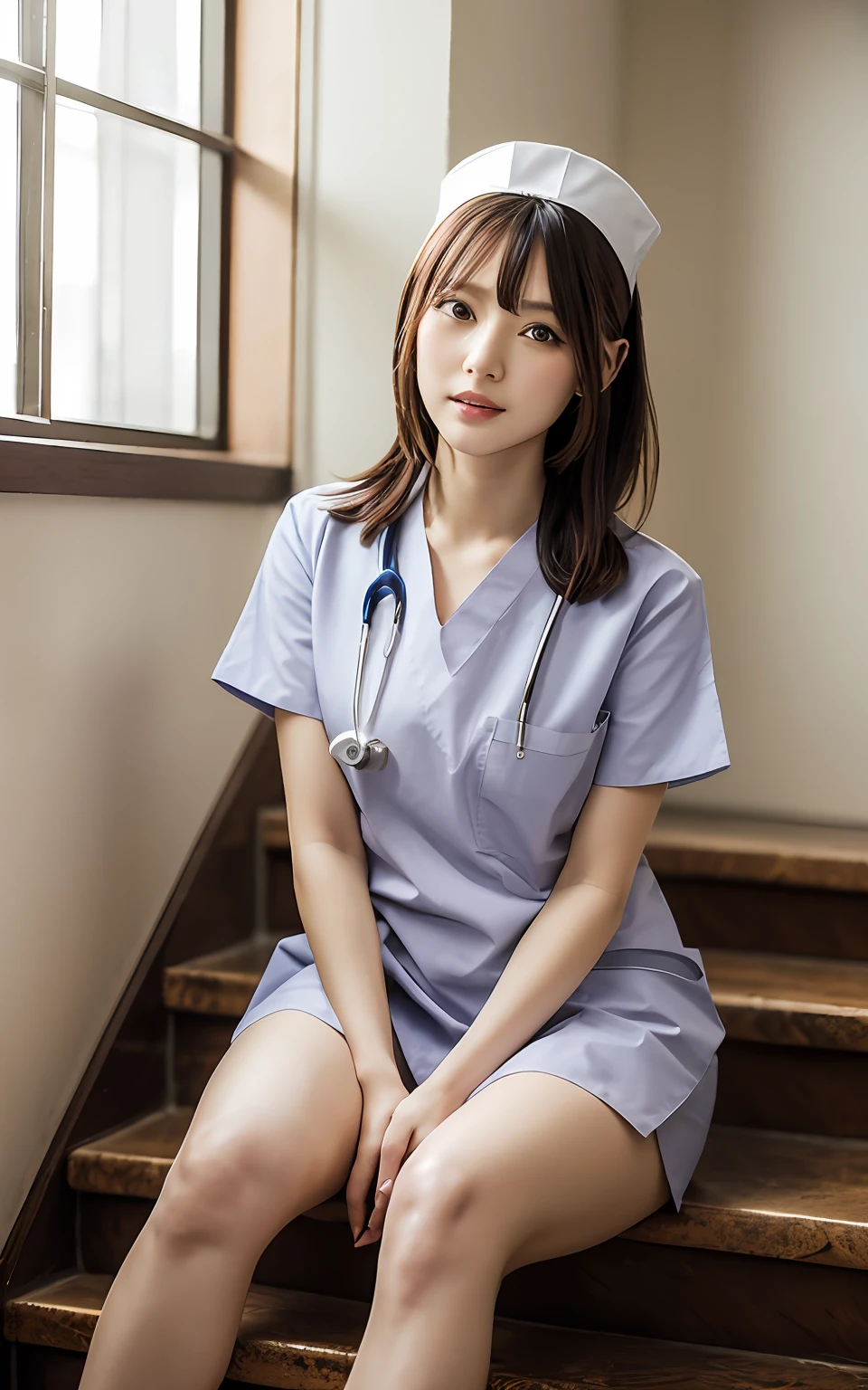 Highly detailed CG Unity 8K wallpaper, With the highest quality, super detailed, Master Piece, Realistic, photograph realistic, extremely detailed cute girl, 25 years old, ((nurse)) , blush , Round eyes, medium breasts, Chubby, looking viewer, cowboy shot , (sitting on the stairs inside the hospital), ((crowded hospital)) , (showing panties) , leg spread