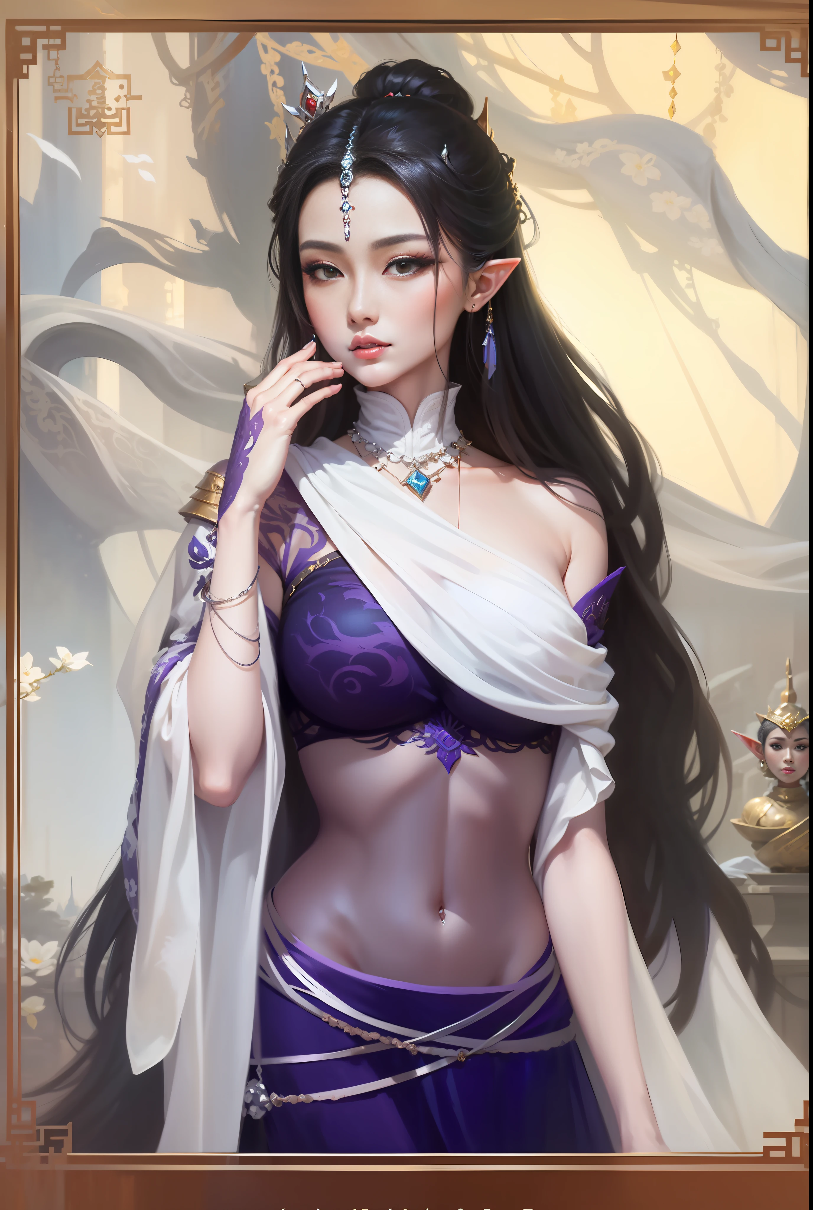 A woman in a purple dress,Wearing a white shawl and necklace, Beautiful character painting, ((a beautiful fantasy empress)), full-body xianxia, Inspired by Lan Ying, a beautiful fantasy empress, beautiful and elegant elf queen, Inspired by Qiu Ying, beautiful elven princess, very beautiful elven top model, elfic priestess, elven princess
