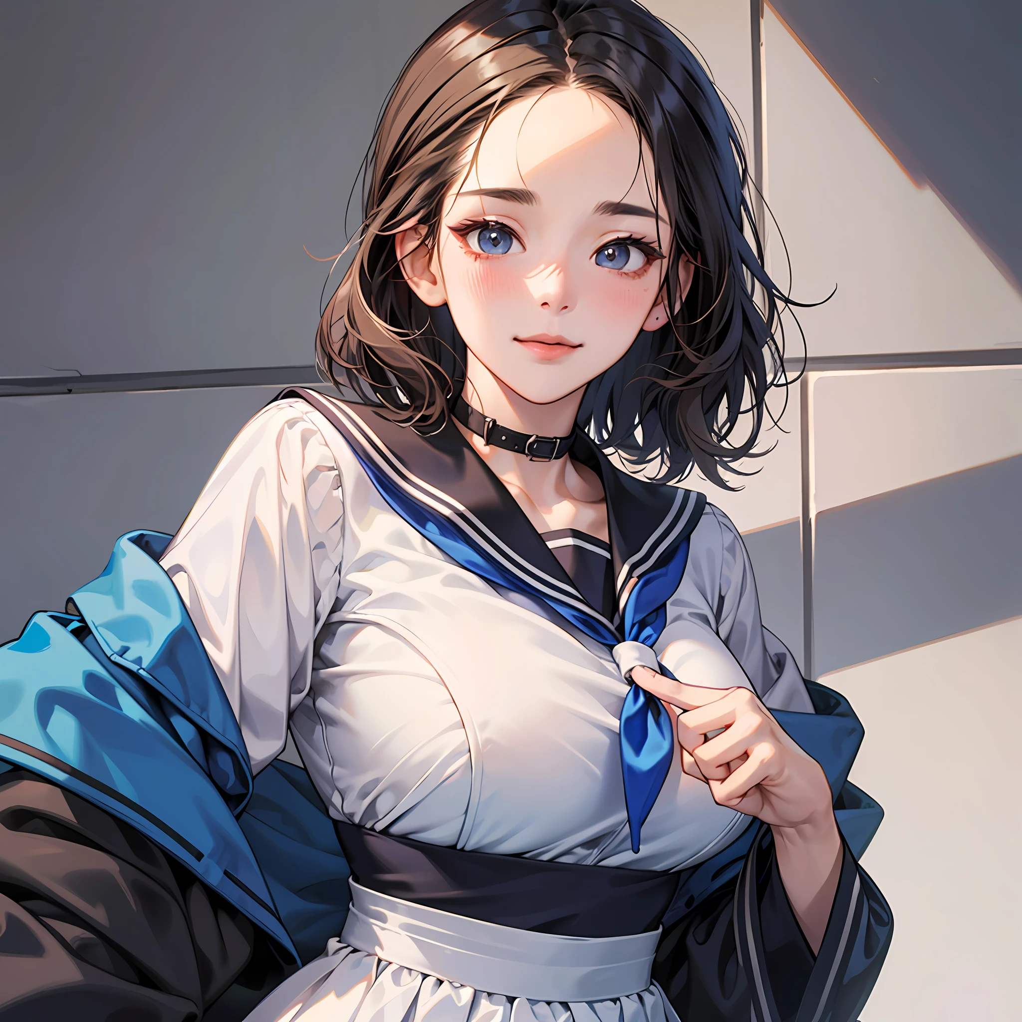 （8k，best qualtiy，tmasterpiece：1.2），ultra - detailed，1个Giant Breast Girl，a sailor suit，adolable，lie，is shy，shy，（nose blushing），（ssmile） :1.15),(Keep one's mouth shut),middlebreast,美丽细致的眼睛,(collar shirt:1.1),(short detailed hair:1.2),pureerosface_v1,Finger details,beautiful  detailed face, --auto