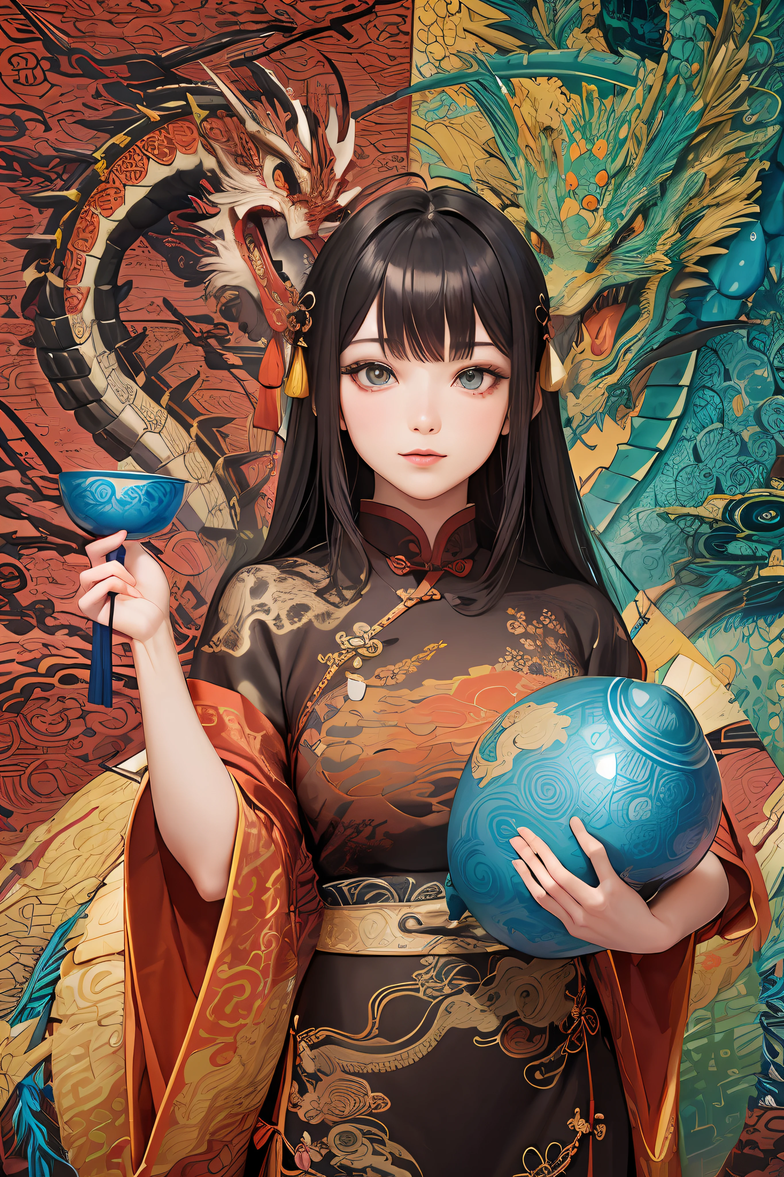 (tmasterpiece,top Quority,best qualtiy,offcial art,Beauty and aesthetics:1.2),(1girll:1.3),The is very detailed,(s fractal art:1.2),Extremely colorful,Most detailed,(zentangle:1.2),(dynamicposes) , (Abstract Chinese dragon background:1.5), (traditionalcostumes:1.2), (shiny skins), (many color:1.4), The upper part of the body