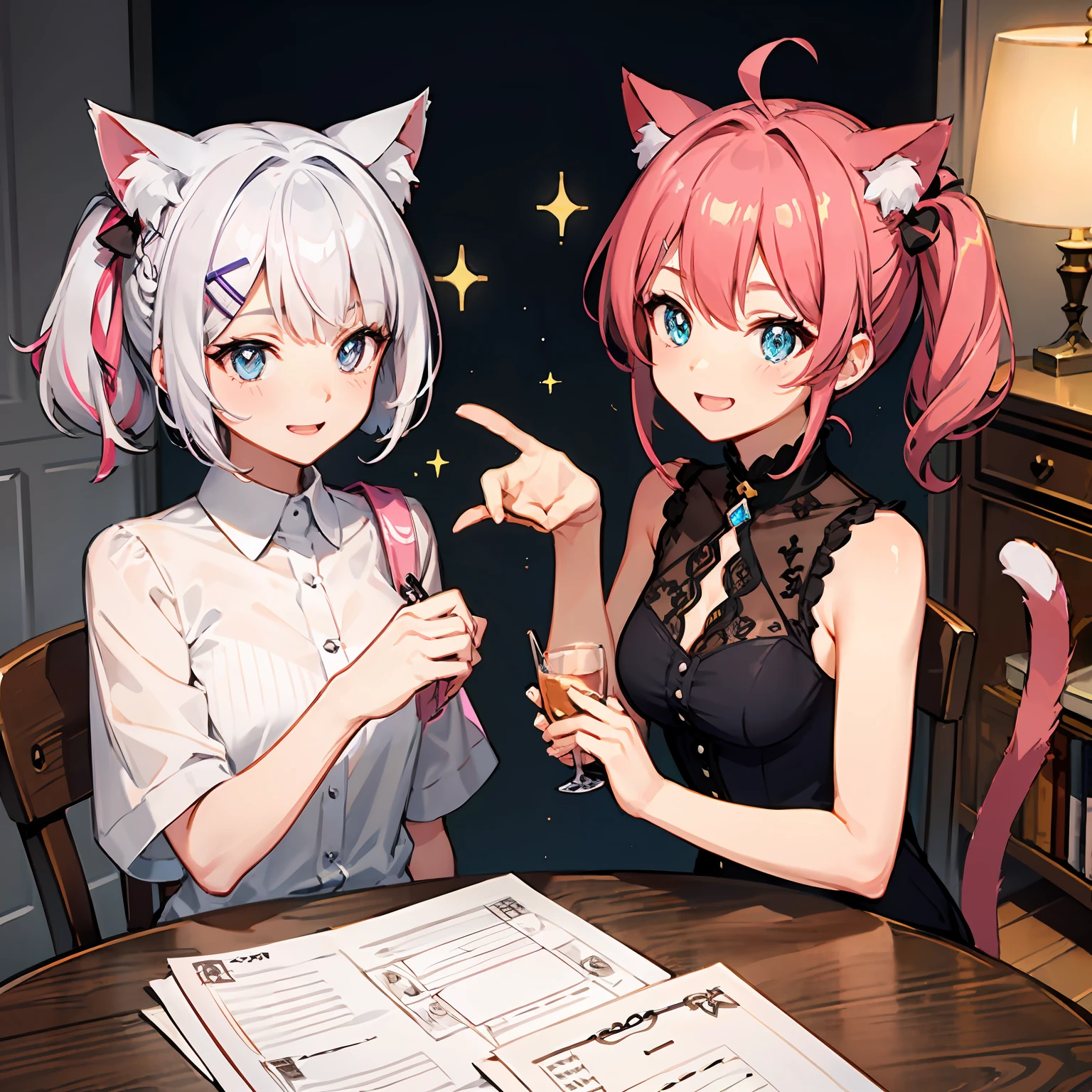 Striped hair, double tails, Pink hair, Antenna hair, cat hair ornament, Sparkling eyes, wince, verbal invitation, Happy, character sheets, hyper HD