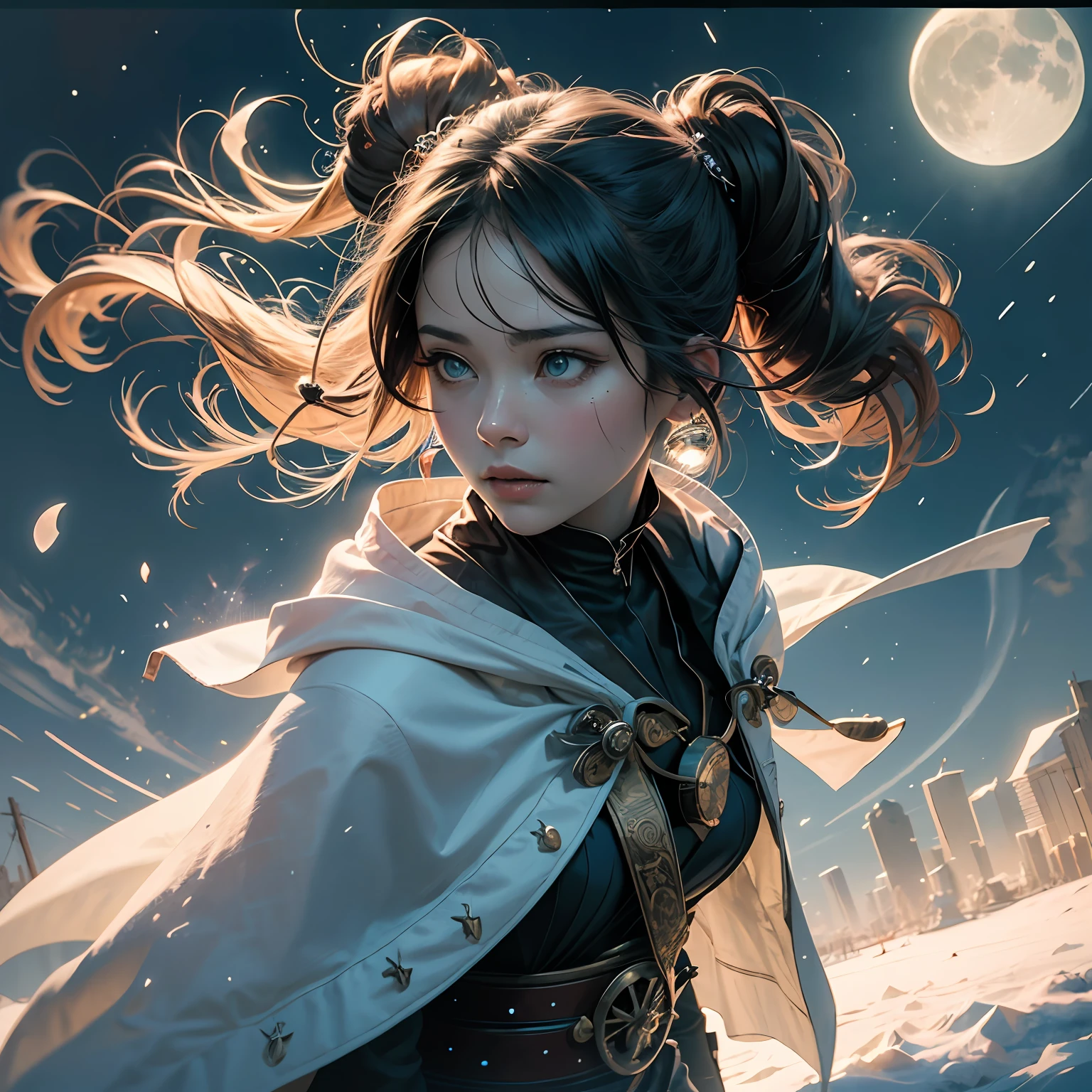 tmasterpiece,(best qualtiy:1.2),(super-fine:1.2),illustratio,(Extremely refined and beautiful:1.2),Movie Angle,floatking,(beatiful detailed eyes:1.1),(Detail light:1.1),电影灯光,Exquisite sky,perverted woman,whaite hair,eBlue eyes,(high ponytails:1.1),cloaks,glowing light eyes,(themoon:1.2),(rays of moonlight:1.1),starrysky,(Light particles:1.1),mist,Snow painting,sketching,Bloom Hands on chin --auto