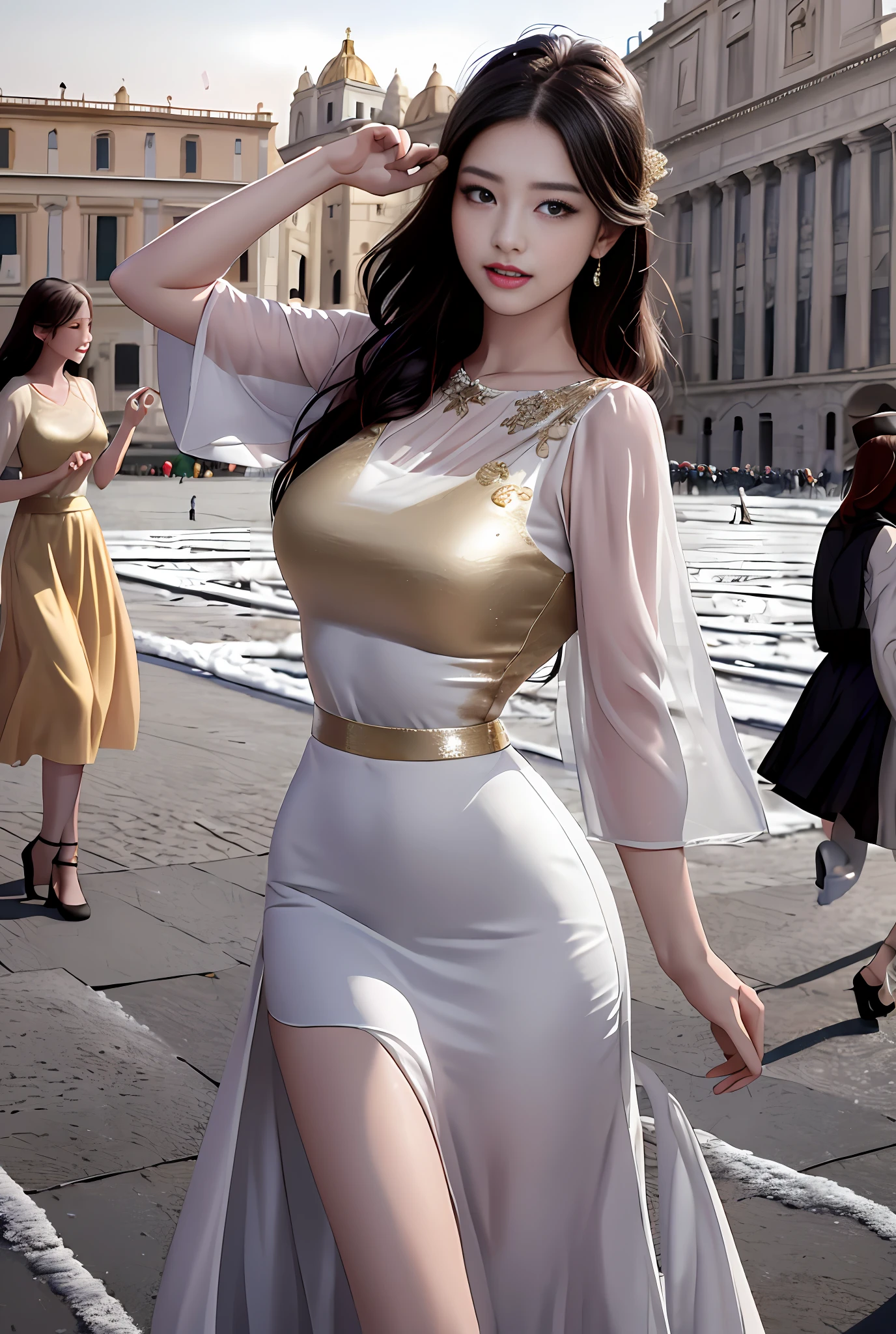 (巨作, Best quality, Realistic),
2girls,duo,winter,Snowy,(on the St. Peter's Square of Vatican,crowd of), sankta. Peter's Square of Vatican background,gypsy dress,(Princess Eyes,shiny pupils),Dancing,  gold, banquet, crowd of, picking up skirt,
[Slight smile],