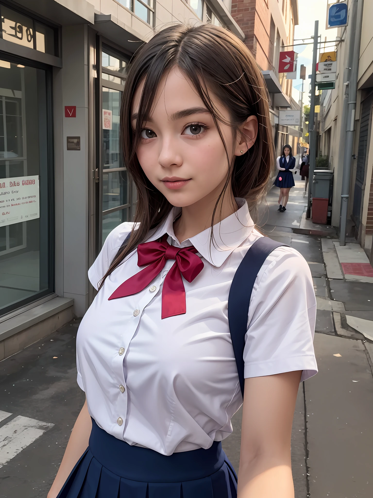there is a woman in a school uniform posing for a picture, wearing school uniform, girl school uniform, a hyperrealistic schoolgirl, school uniform, hyperrealistic schoolgirl, girl wearing uniform, wearing school uniform, wearing a shirt with a tie, smooth white tight clothes suit, cute schoolgirl, wearing a school uniform