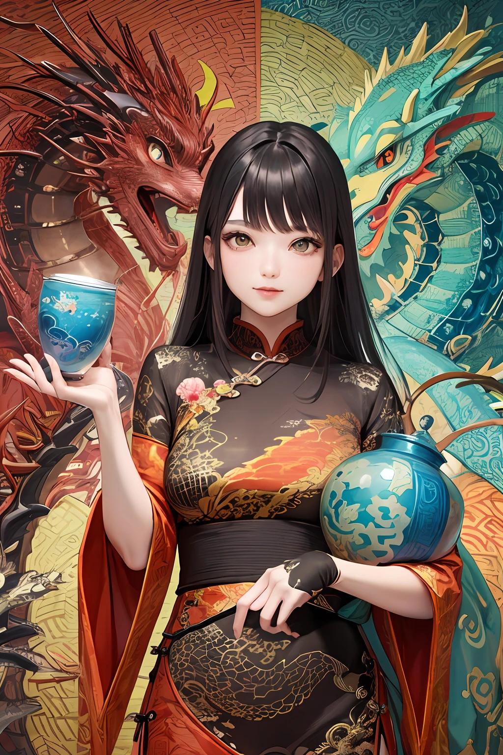(tmasterpiece,top Quority,best qualtiy,offcial art,Beauty and aesthetics:1.2),(1girll:1.3),The is very detailed,(s fractal art:1.2),Extremely colorful,Most detailed,(zentangle:1.2),(dynamicposes) , (Abstract Chinese dragon background:1.5), (traditionalcostumes:1.2), (shiny skins), (many color:1.4), The upper part of the body