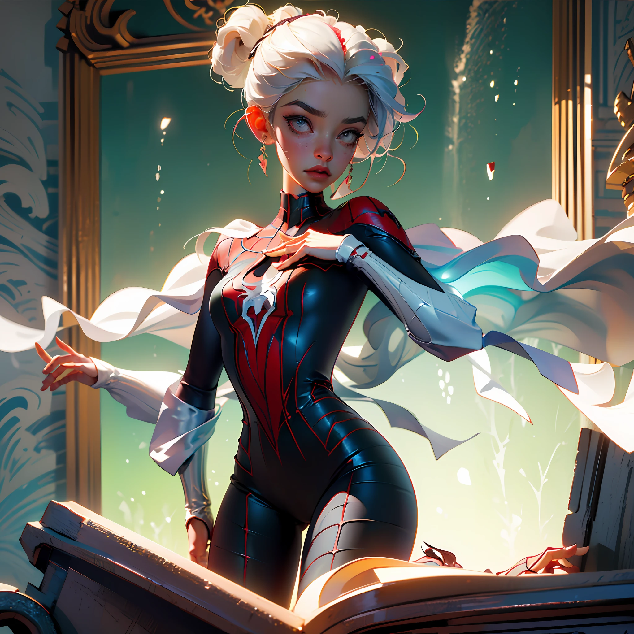 (Extreme Detail CG Unity 8K wallpaper, masterpiece, highest quality), (Exquisite lighting and shadow, highly dramatic picture, Cinematic lens effect), a girl in a white Spider-Man costume, silver gray hair color, from the Spider-Man parallel universe, Wenger, Marvel, Spider-Man, sitting on the couch, dynamic pose), (excellent detail, excellent lighting, wide angle), (excellent rendering, enough to stand out in its class), focus on white Spider-Man costumes, complex spider textures --auto