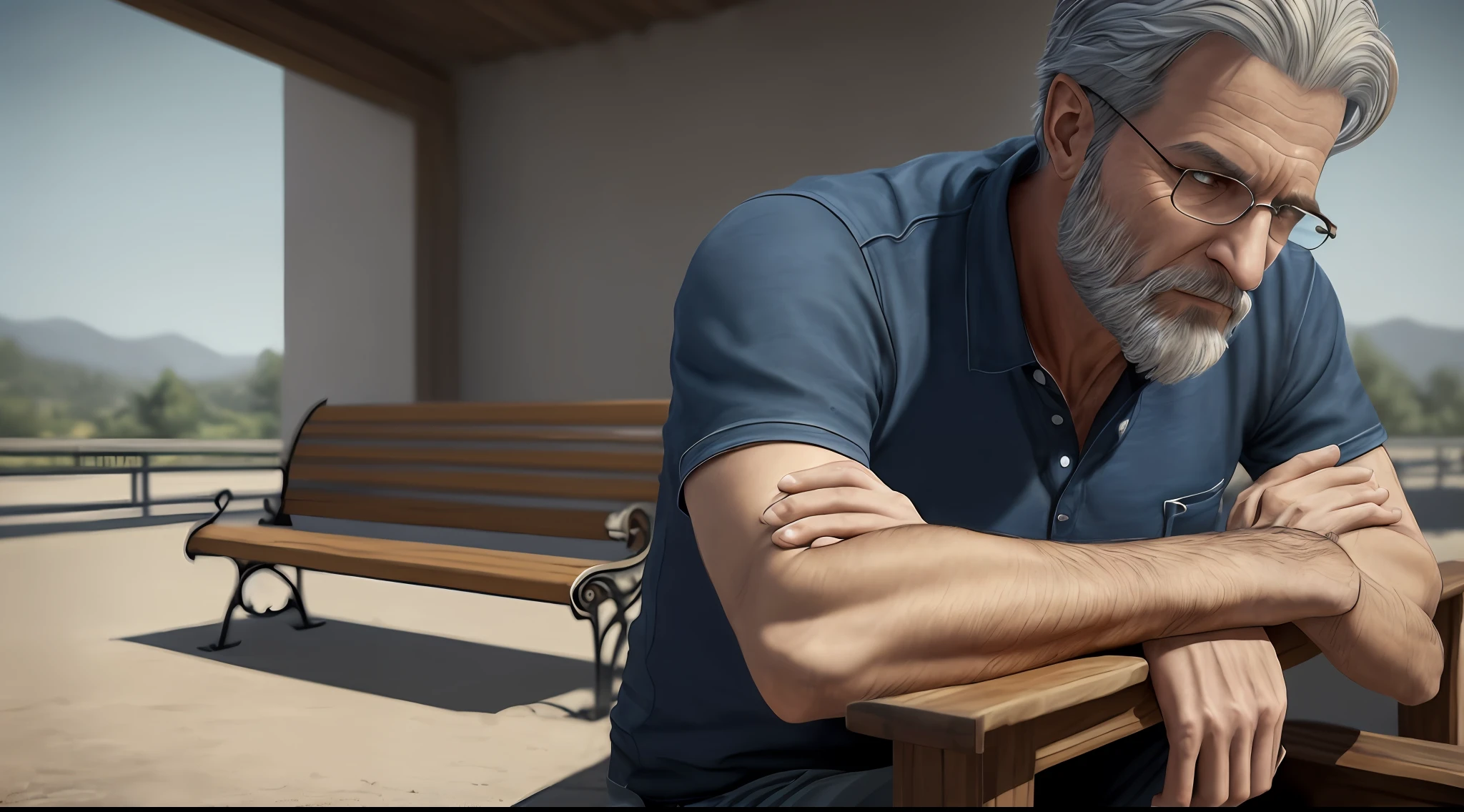 (realistic epic art, close-up, de alta qualidade), (man in his 40s) lone, (sitting on a bench), ultra-realistic --auto