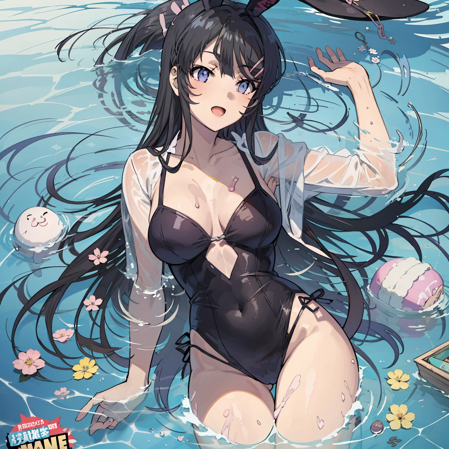 sakurajima mai,Comic cover style,Comic title,highest quality,Ocean park,having fun,Slim and healthy body,Sexy swimming costume,Fleshy thighs are cool,stocklings,Rabbit ears