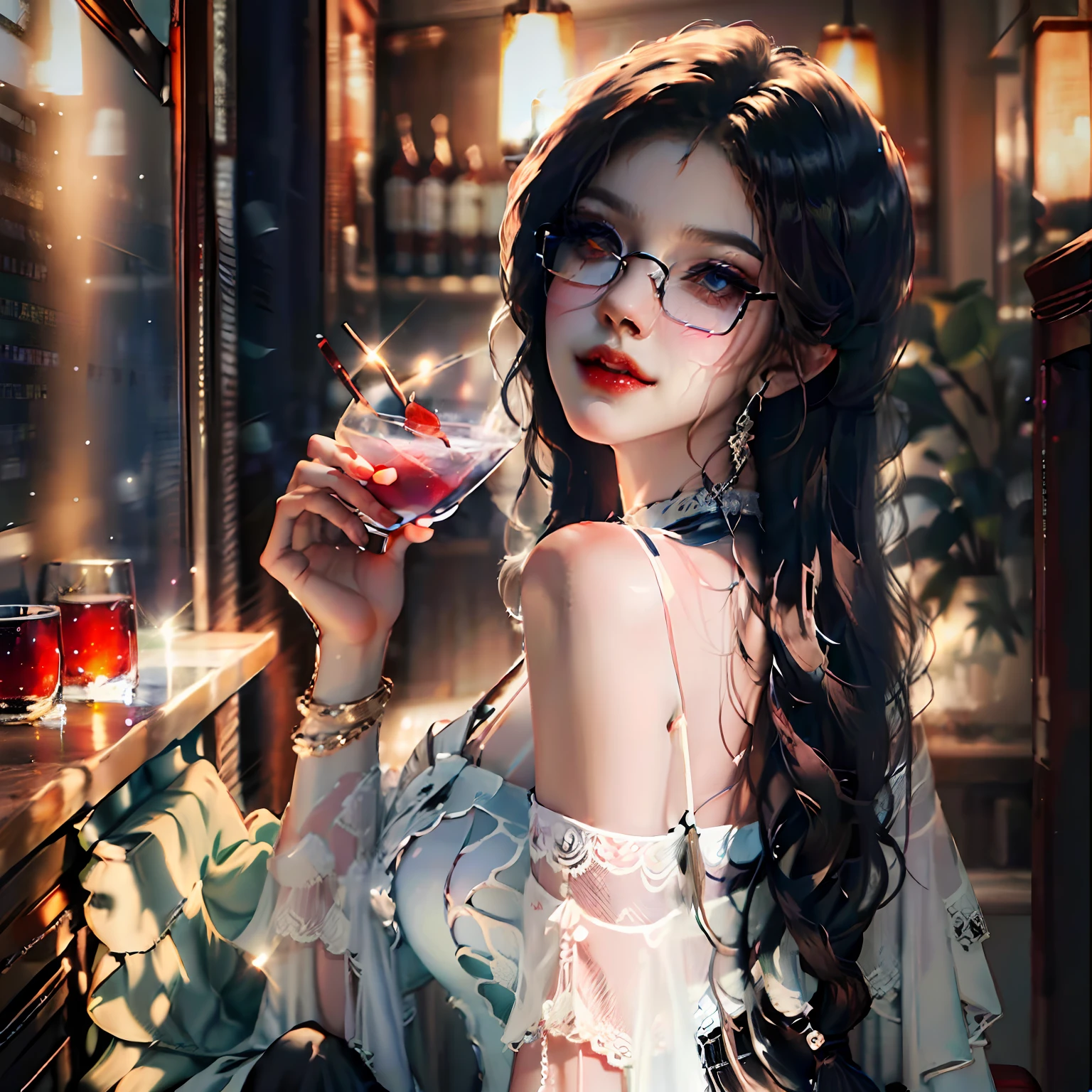 a picture of a curvy woman (Masterpiece 1.5, intense details), full body (Masterpiece 1.3, intense details), sitting on a chair in a bar, sipping a cocktail, wearing a white evening dress (Masterpiece 1.3, intense details), slightly hiding the edge of white silk stocking (Masterpiece 1.3, intense details), almost hiding vampiric fangs (Masterpiece 1.3, intense details), wearing high heels shoes, smirking, glasses, black choker (intense details) , make up, black hair, long hair, ponytail, very long hair, hair strand, hairpin, eye reflection, intense azure eyes, light makeup, shy, blush, photorealistic, Realism, depth of field, dim light, full body, silhouette, from side, Ultra-Wide Angle, retina, UHD, best quality, 8k, highres, high details, (Masterpiece:1.3), (8k, Photorealistic, RAW Photography, Best Quality: 1.4)