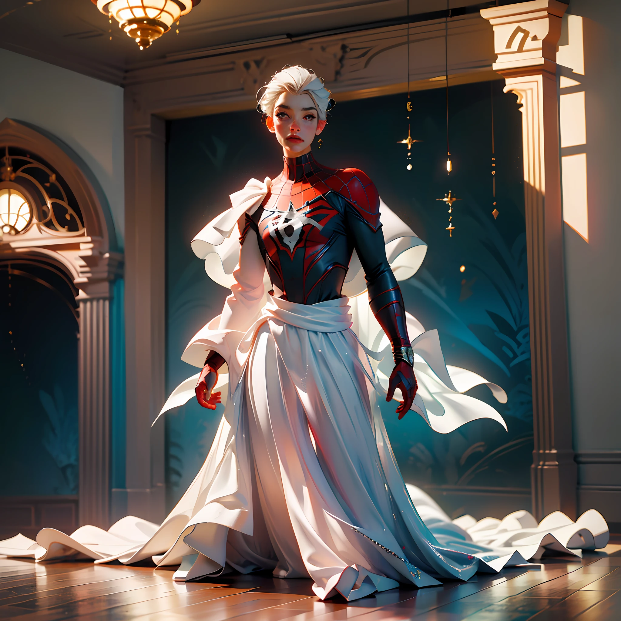 (Extreme Detail CG Unity 8K wallpaper, masterpiece, highest quality), (Exquisite lighting and shadow, highly dramatic picture, Cinematic lens effect), a girl in a white Spider-Man costume, silver gray hair color, from the Spider-Man parallel universe, Wenger, Marvel, Spider-Man, sitting on the couch, dynamic pose), (excellent detail, excellent lighting, wide angle), (excellent rendering, enough to stand out in its class), focus on white Spider-Man costumes, complex spider textures --auto