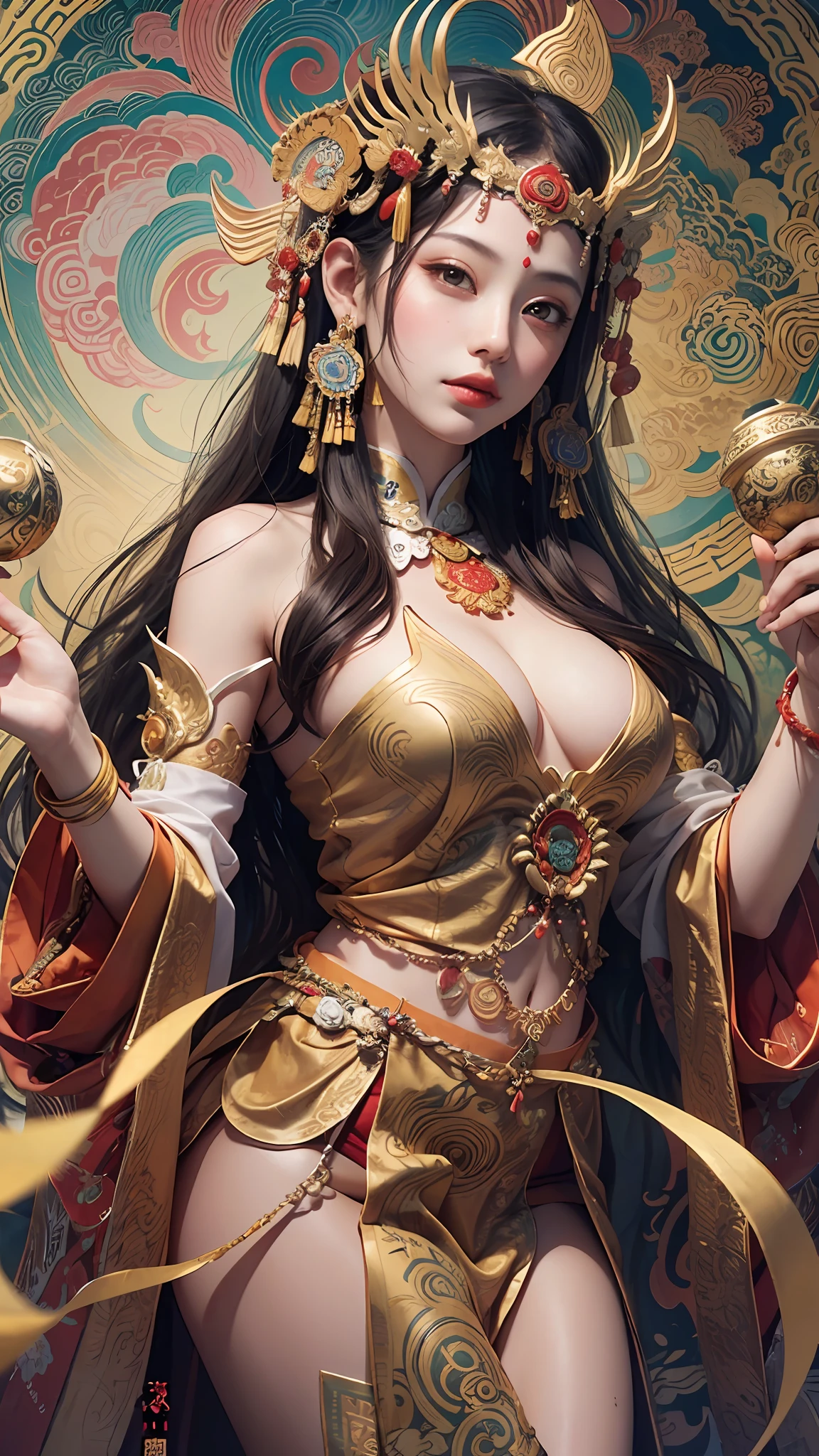 official art, unity 8k wallpaper, ultra detailed, beautiful and aesthetic, masterpiece, best quality, (zentangle,tangle, entangle), (fractal art:1.4),1girl, extremely detailed, dynamic angle, cowboyshot, (the most beautiful form of chaos), elegant, (vivid colors),OC,(full body:0.8),Chinese,(thangka apsaras:1.5),(ribbon:1.3),(Dream:1.5),(hanfu:0.7),(smile:0.5),(chinese deities),