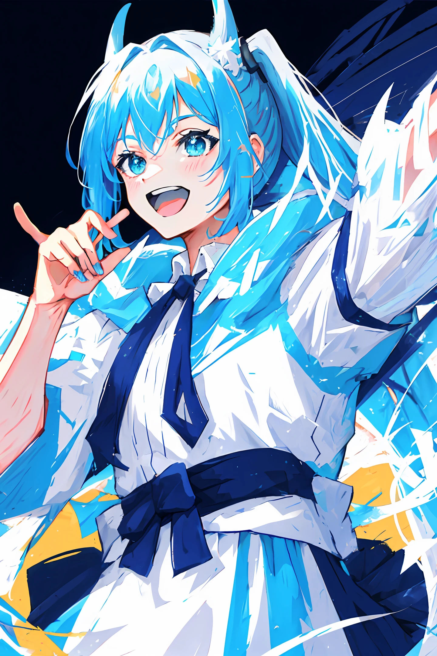 Blue Hair, White Face, Anime, Double Ponytail, Smile, Singer, Singing, The word 01 on the left arm
