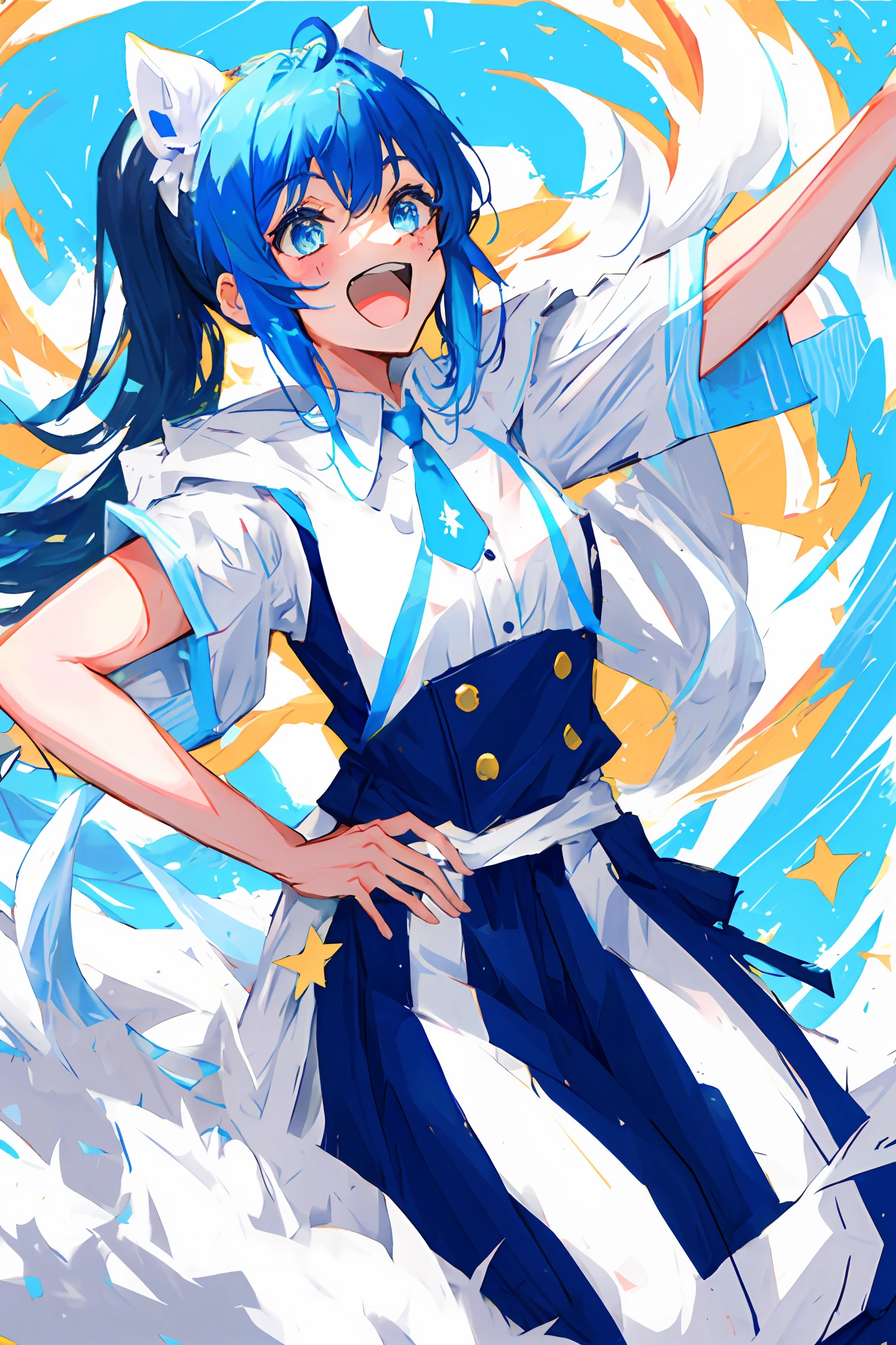 Blue Hair, White Face, Anime, Double Ponytail, Smile, Singer, Singing, The word 01 on the left arm