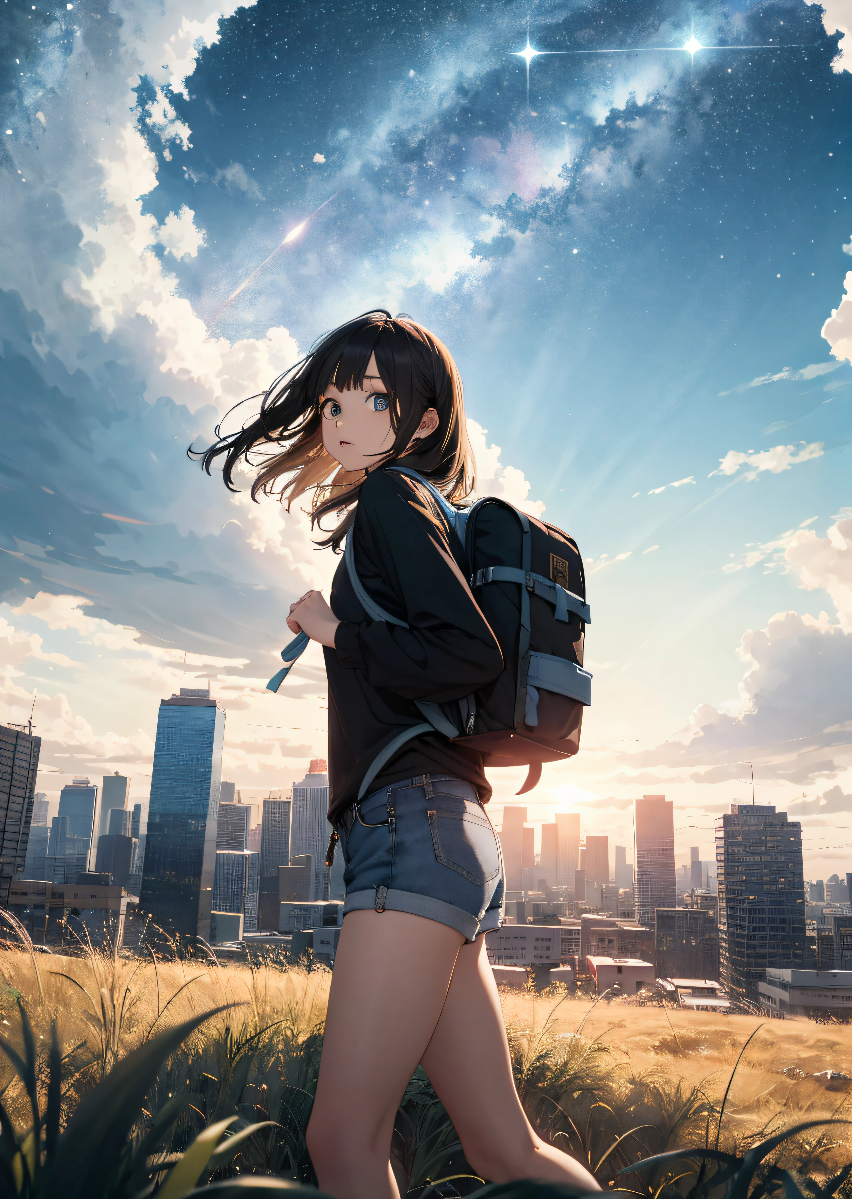 The vast sky, beautiful skyline, large grasslands, extremely tense and dramatic pictures, moving visual effects, the high-hanging Polaris, and colorful natural light. Long-sleeved top, denim shorts, and a girl with a backpack.