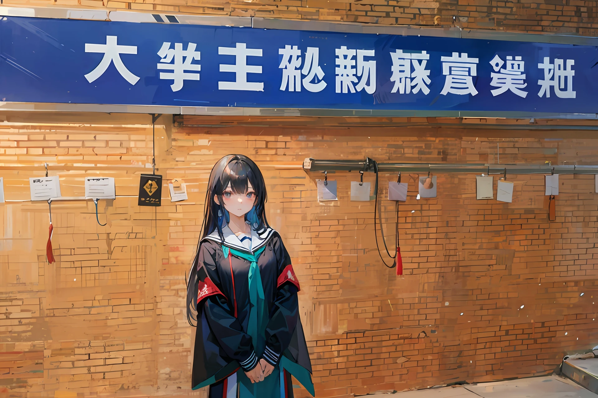 arafed woman in graduation gown standing in front of a sign, wearing an academic gown,