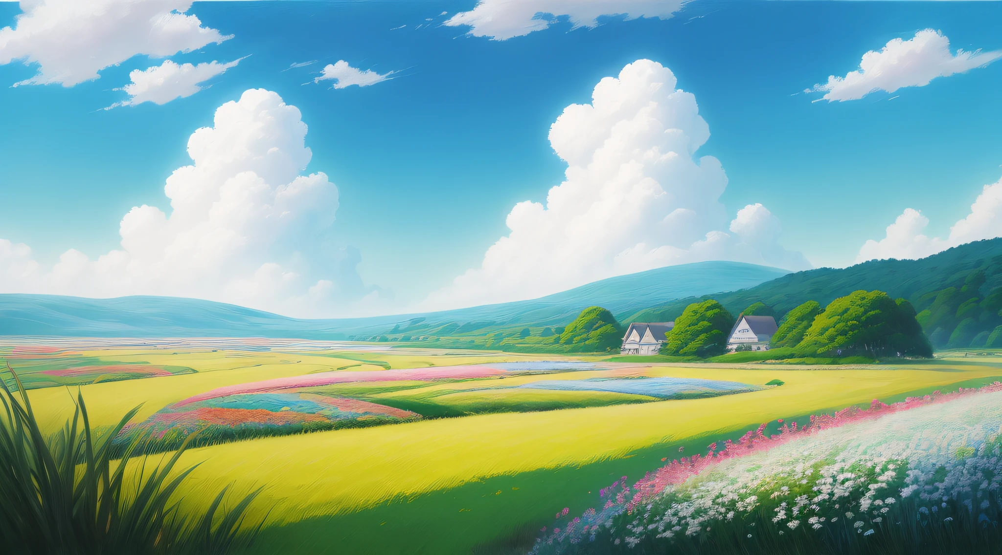 Realistic, authentic, beautiful and amazing landscape oil painting Studio Ghibli Hayao Miyazaki's petal grassland with blue sky and white clouds --v6
