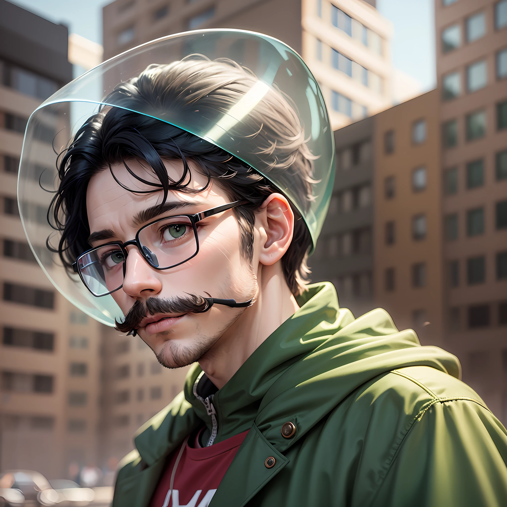 front view, portrait of Renato, male character, very white skin, thin and delicate face with mustache, slender body, shoulder-length black hair, wearing a green coat and a red t-shirt, a huge transparent nerd glasses, an alien helmet , outdoors, daytime, blue sky, diffused light, lighting and photography by Spike Jonze --auto --s2