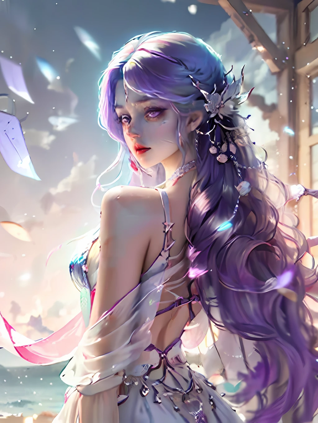 A high resolution、high qulity、downy、bright,The picture quality is clear,Contains a large range of details,The colors are bright and dynamic,The whole picture seems to stand still in motion,Purple hair,eBlue eyes,white skinned,Tall and tall,Beautiful appearance,Furrowed eyebrows --auto