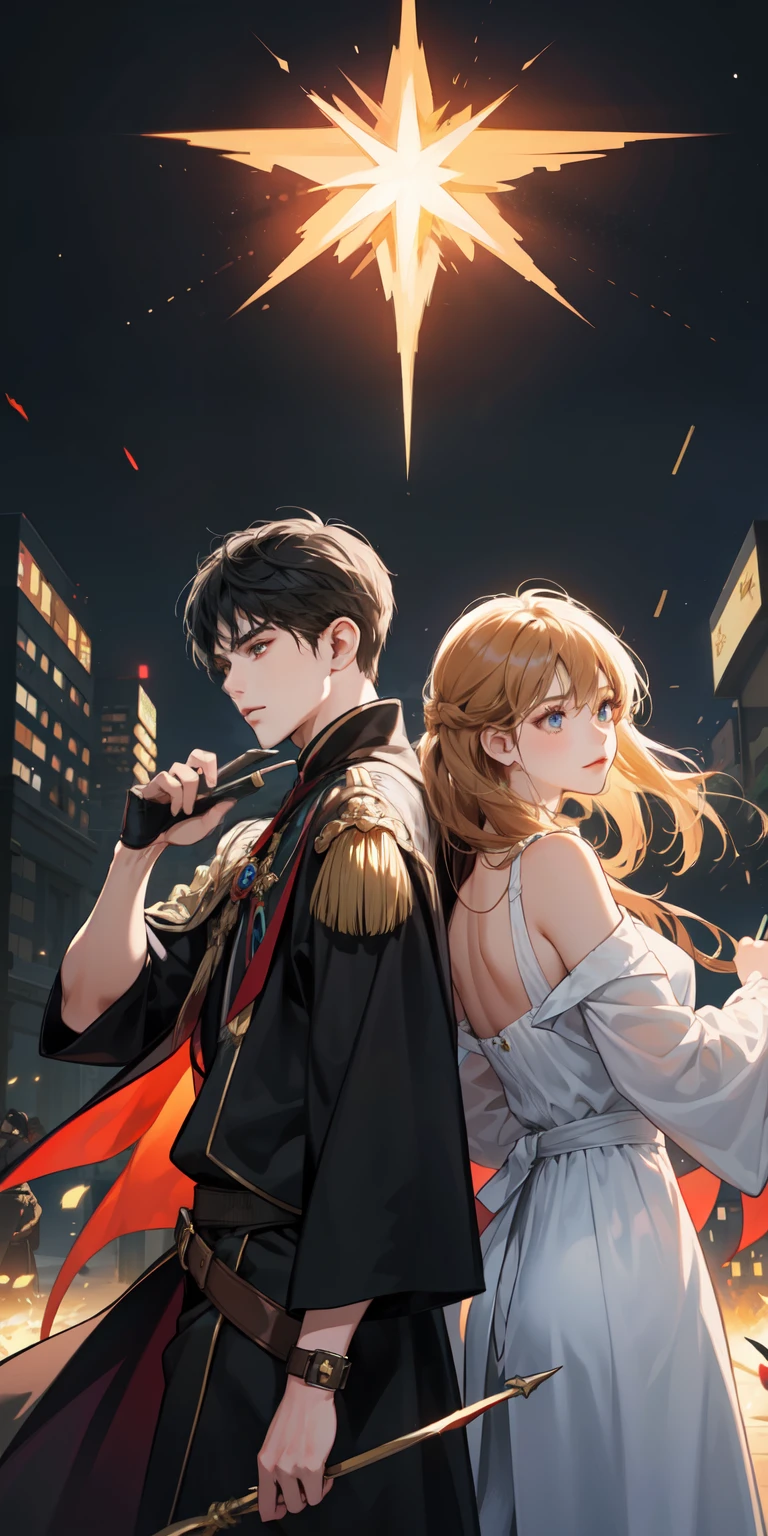 Two characters，1 girl and 1 boy，Girl dressed in white，Boy in black，Fighting posture，Back to back，the night，cloaks，Wear a mask，Para cobrir seu rosto，Gemstones in hand，Thief，