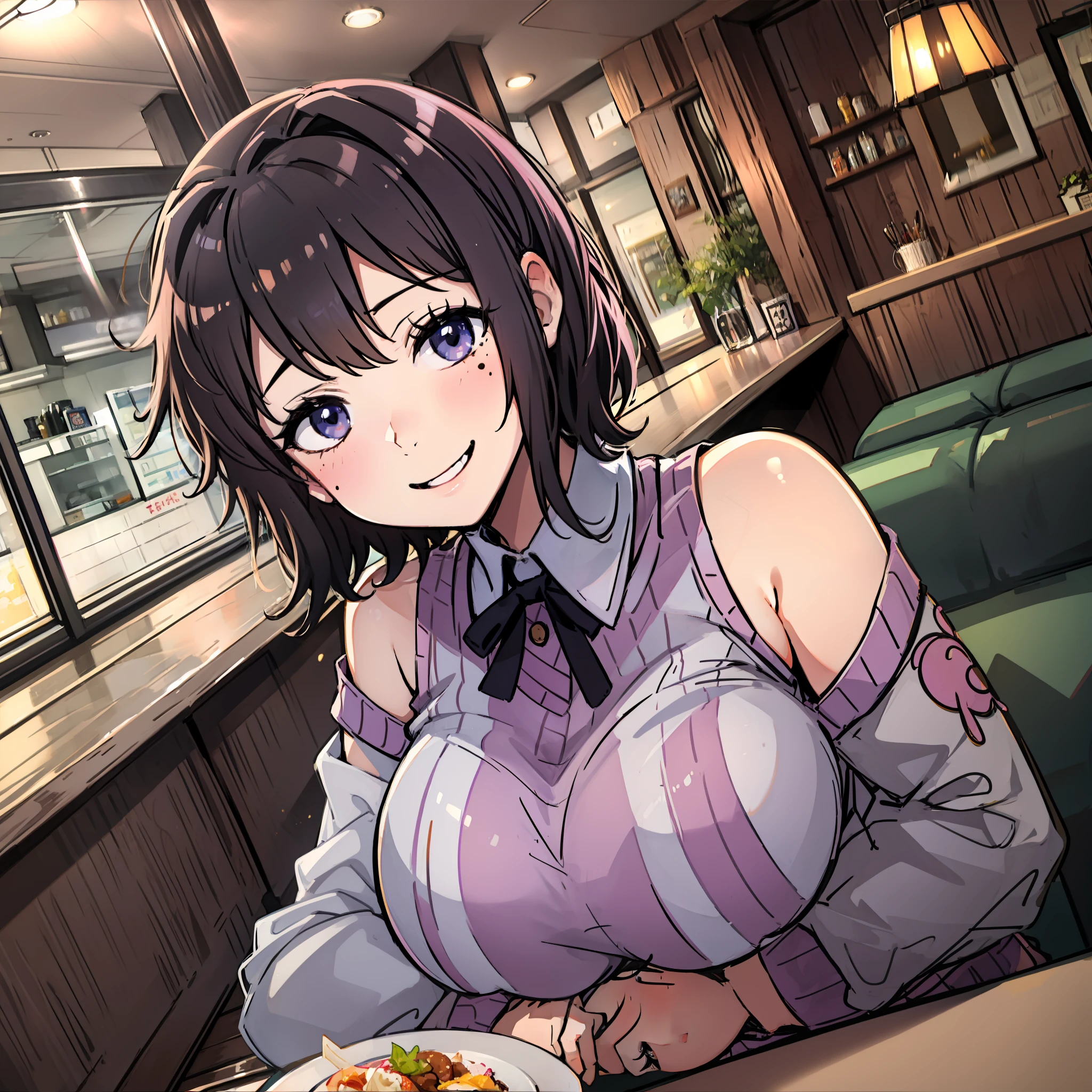 Moles under eyes,having fun,ssmile,brunette color hair,short detailed hair,teens girl,anime big breast,Eyes half-open,Sit in the restaurant by the window,