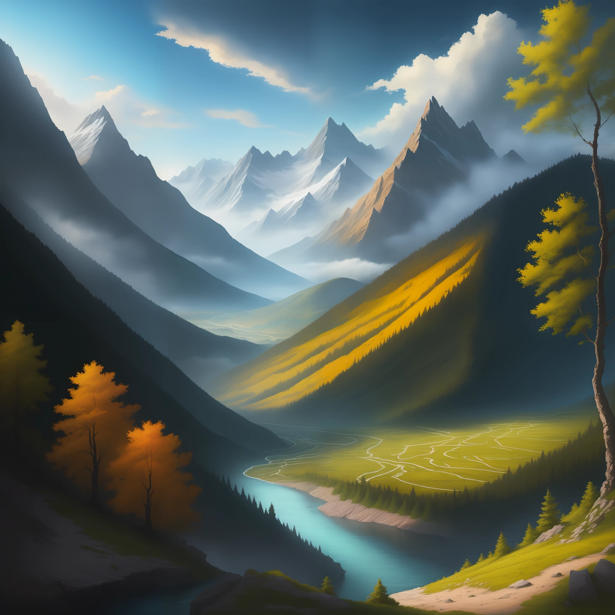 detailed background, masterpiece, best quality, landscape, mountains, river, forest, sun, day, clouds