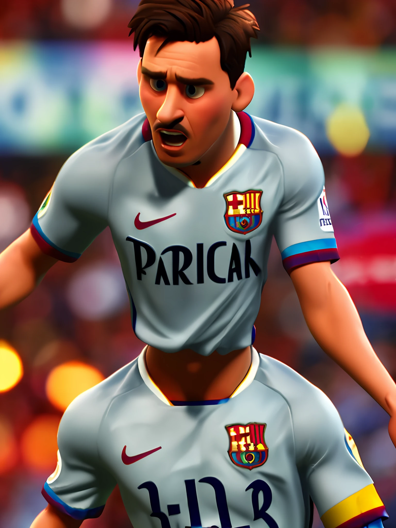 Lionel Messi, (pixar style) (masterpiece:1.2) (bokeh) (best quality) (detailed skin) (detailed texture) (8k) (claymation) (cinematic lighting) (sharp focus