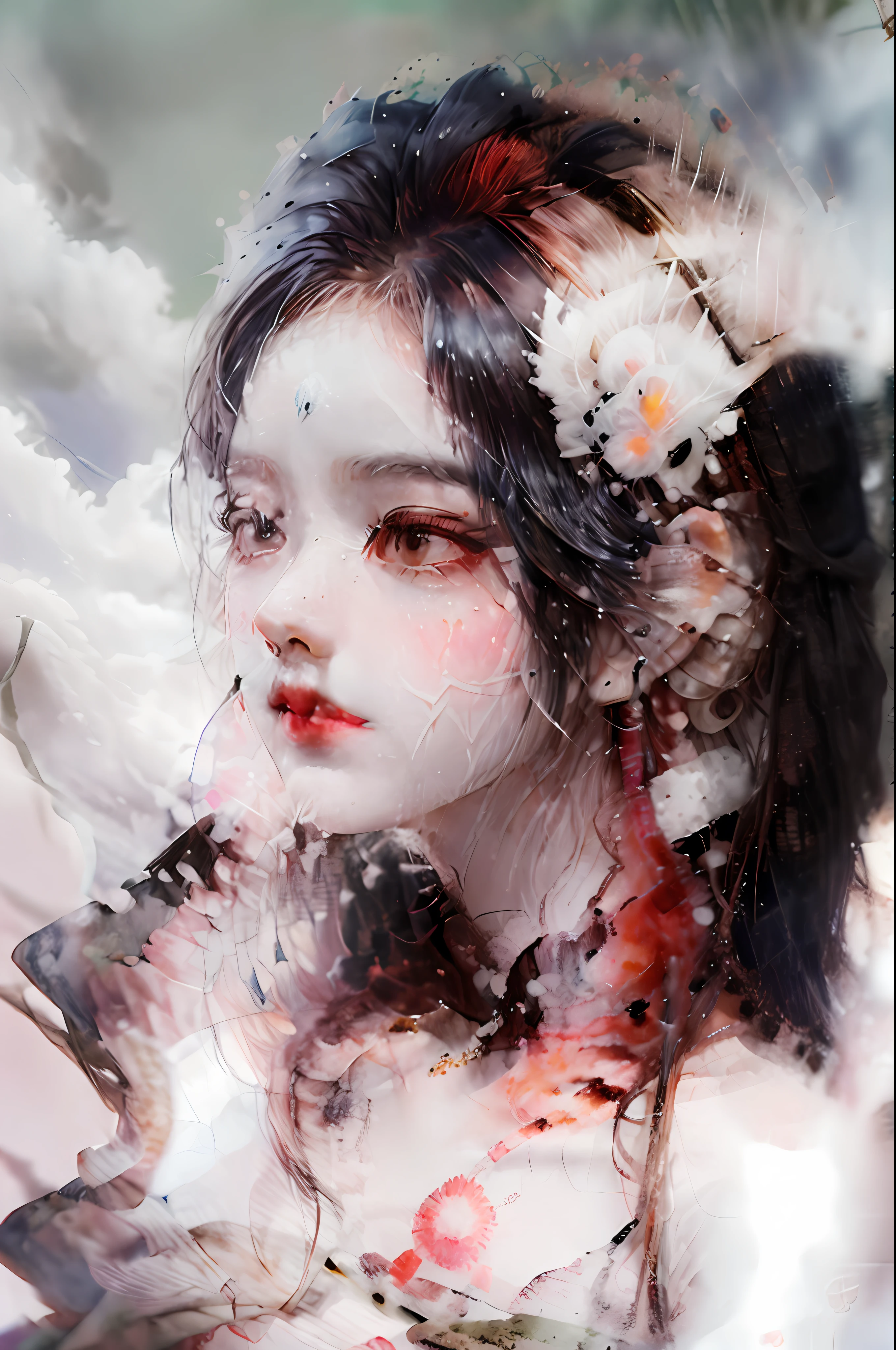 (ink and watercolor painting+ancient wind+femele+Sweat) screen，Detailed descriptions can be added appropriately，Such as a clear face、Feminine hair，Or a combination of elements phrases，wie z：Red makeup、Cloud sideburns double phoenix crown、Moonshine pendant、Bibo Wakame。