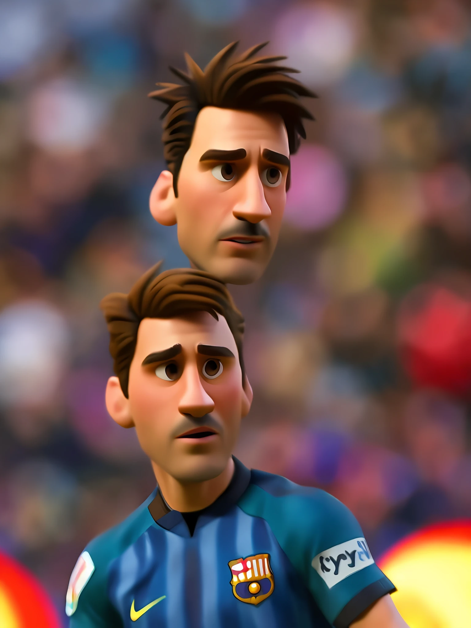 Lionel Messi, (pixar style) (masterpiece:1.2) (bokeh) (best quality) (detailed skin) (detailed texture) (8k) (claymation) (cinematic lighting) (sharp focus