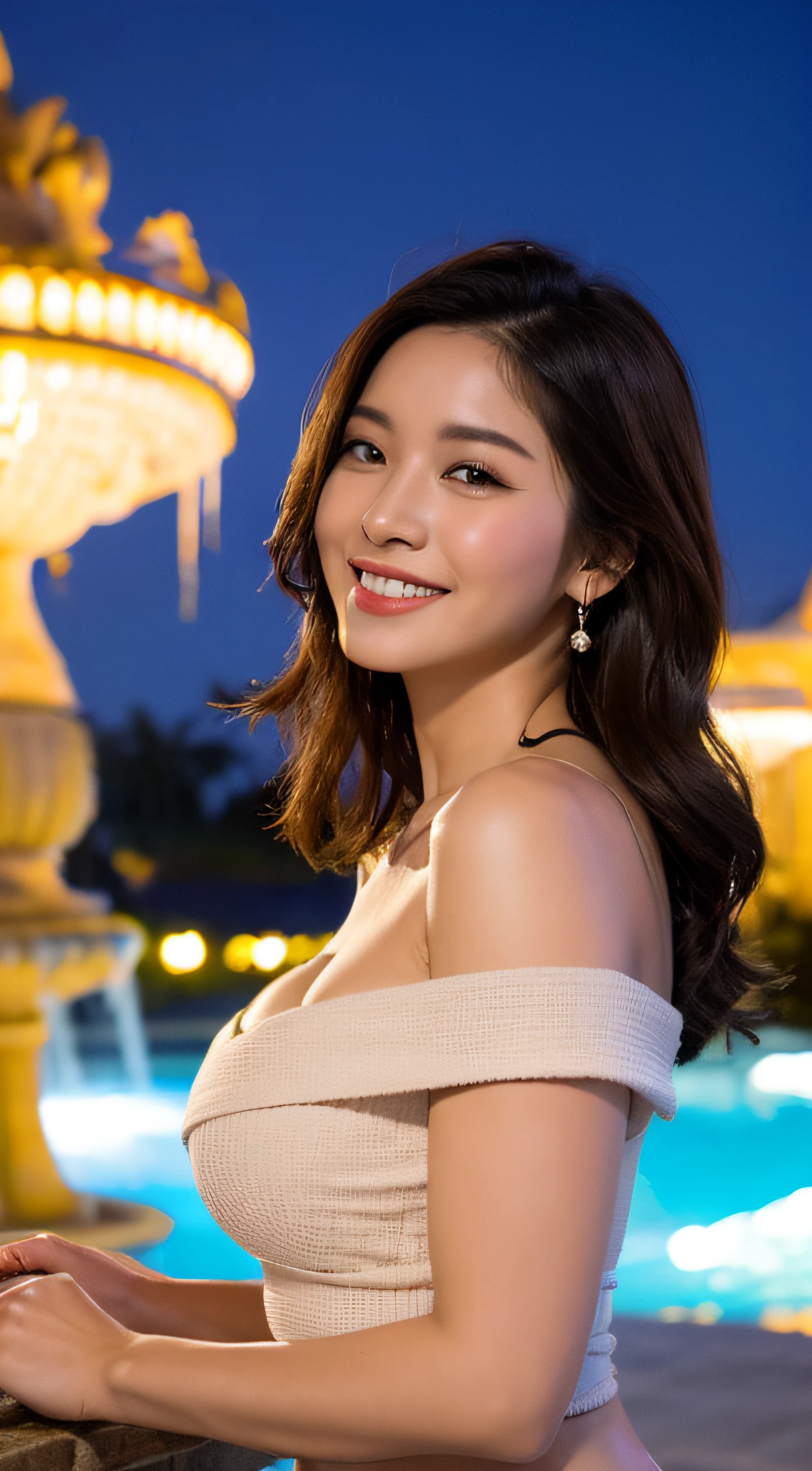 ((Night Scene, Realistic Light, Best Quality, 8K, Masterpiece: 1.3)), 1 Girl, Slim Body Beauty: 1.4, Brown Hair, (Big: 1.3), Off Shoulder Cut Top: 1.3, Ultra Detailed Face, Detail Eyes, Double Eyelids, Fountain, Castle, Fireworks, Smile, Cleavage, Saggy, Bikini, Beach, Tropical Country, Sea