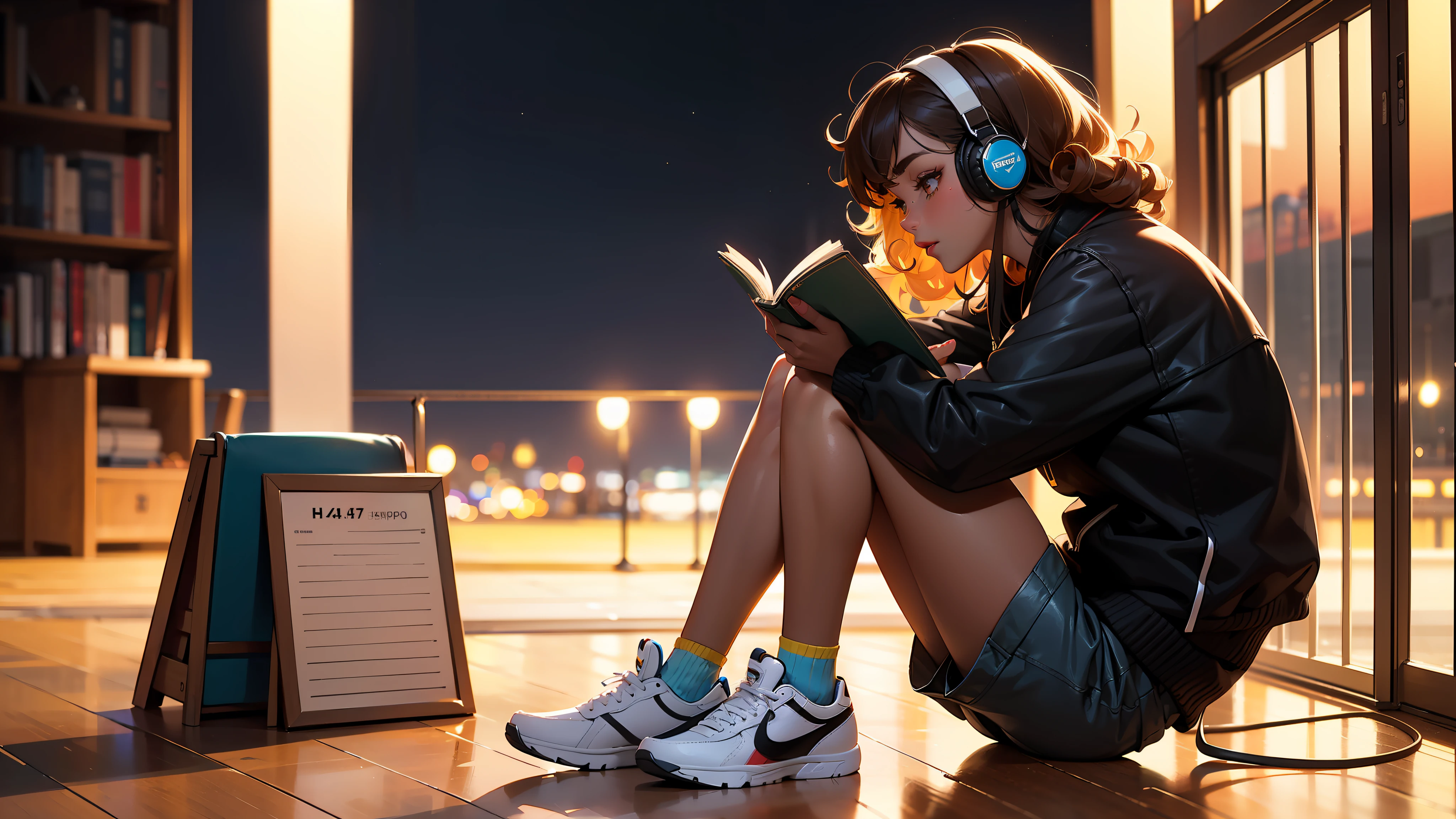 masterpiece, best quality: 1.5), ultra-detailed, soft light, night light, cinematic light, film grain, (depth of field), (1girl, ground, background: 1.4), (((full body)) ), (Happy: 1.2),((dark skin tone:1.1)), ((brazilian girl)), (student), silhouette, perfect female shape, (perfect face, detailed face, glossy lips, eyeliner), ( curly hair), (shorts, sneakers), ( mixtape: 1.4 ), (headphones), (sitting on the floor), (in profile), (reading a book)