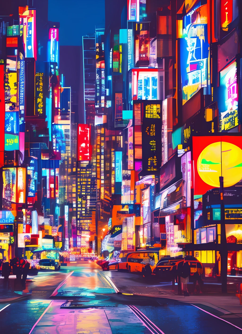 Near Future City、City view、Landscape painting、A looks up、posterior view、Japan anime style、Masterpieces in detail、Night view of skyscrapers、neons、newyork、realisitic、Panoramic landscape、