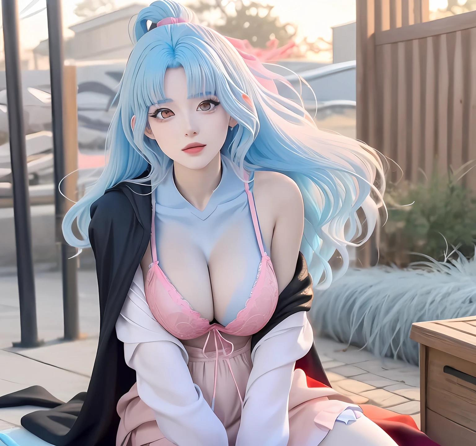 (Highest image quality),(A masterpiece),(Super meticulous),(Eye detail description:1.0),(lens flare glow:1.0),(filmposter:1.0),(Tarot border:1.0),The portrait is centered,(closeup cleavage:1.0),(negative space:0.8),(negative space:1.6),(独奏),(Floating color mesh:1.0),(Many colored spikes:1.0),(Floating water droplets:1.0) ,(Water magic:1.0),(Mottled sunlight,llight rays,Caustics:1.2),(irridescent:1.0),(Beautiful detail halo:1.0),(Lean back:1.2),(Grim expression:1.0),(Little big breasts柄:1.0),(Open-mouthed:1.0),(eyeslashes),Close one eye,(Pale blue hair:1.4),(long whitr hair:1.0),(facing to audience:1.3),(tilt of the head:1.0),(Dynamic pose:1.1),(Asymmetrical hair:1.2),(orange colors,(rcasual,leisure wear),(Cascading skirt),(Gray eye:1.4),slanted bangs,High double ponytail,Drill hair,Long coat,(Flowing cloak: 1.0),,(abstract backgrounds:1.4),(:1.1),(jumpping:1.1),(marron marron:1.1),(The upper part of the body:1.25),pondering,Squinted pupils,++,ganyu, cropped shoulders, onesie, (whitegloves:1.3), Black and red double horns, Anime image of a woman trapped in pink lace erotic lingerie with pink hair and extreme seduction, akane owari danganronpa, as an anime character, anime girl named lucy, Royal sister Lucia, In the anime, 25 years old - anime gothic girl, Attractive Mature Women, still from tv anime, style of anime, Today's featured anime stills,Royal Sister,Raised sexy,huge tit,seductiv,18 forbidden,Royal sister figure,Pornography,