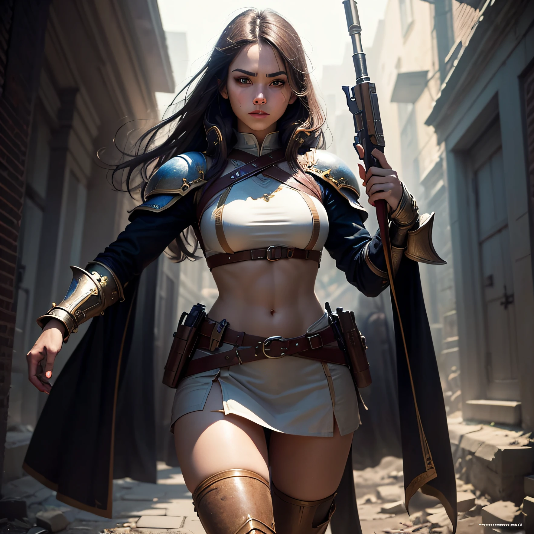 Brunette Knight，Female warriors，In his left hand he holds a long gun，injuries on body，Broken clothes，Manipulative screen bias，There is the shadow of the enemy，Fine photos，tmasterpiece --auto