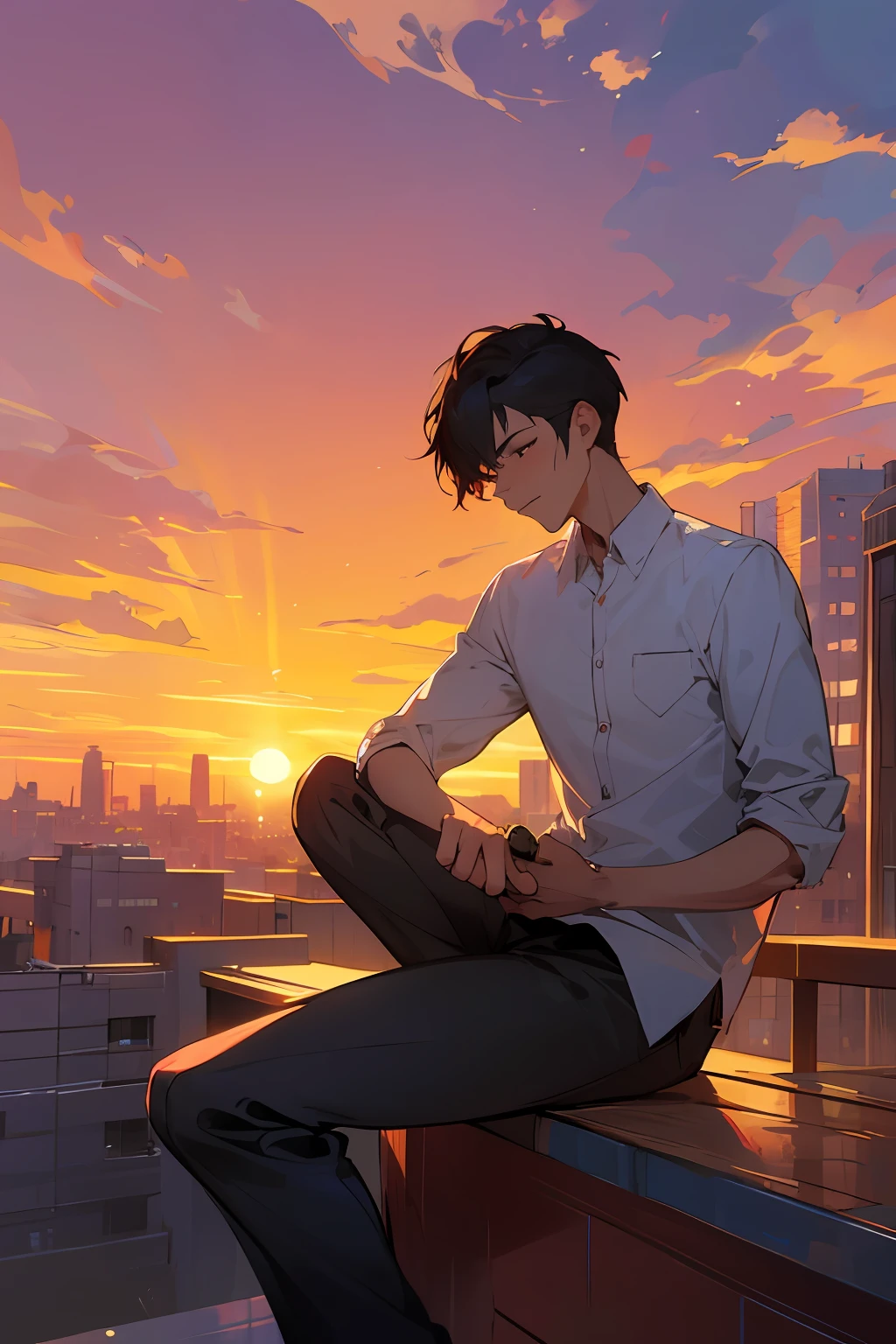 Draw a young designer，1   boy，Sitting on the roof of a very tall office building。Draw again with a brush in hand，It is surrounded by relatively low office buildings，Not far away is the afterglow of the setting sun，The clouds turn into colorful clouds in the light of the setting sun。The glow of the setting sun shines on the body，cowboy lens。