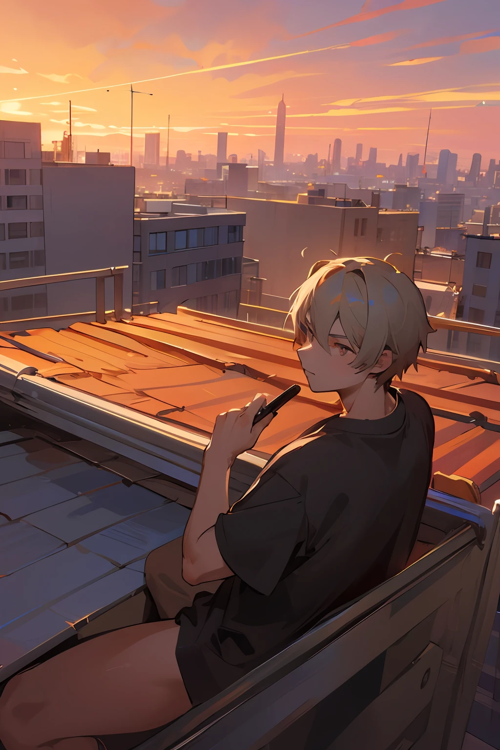 Draw a young designer,1 boy,Sitting on the roof of a very tall office building。Draw again with a brush in hand,It is surrounded by relatively low office buildings,Not far away is the afterglow of the setting sun,The clouds turn into colorful clouds in the light of the setting sun。The glow of the setting sun shines on the body,cowboy lens。