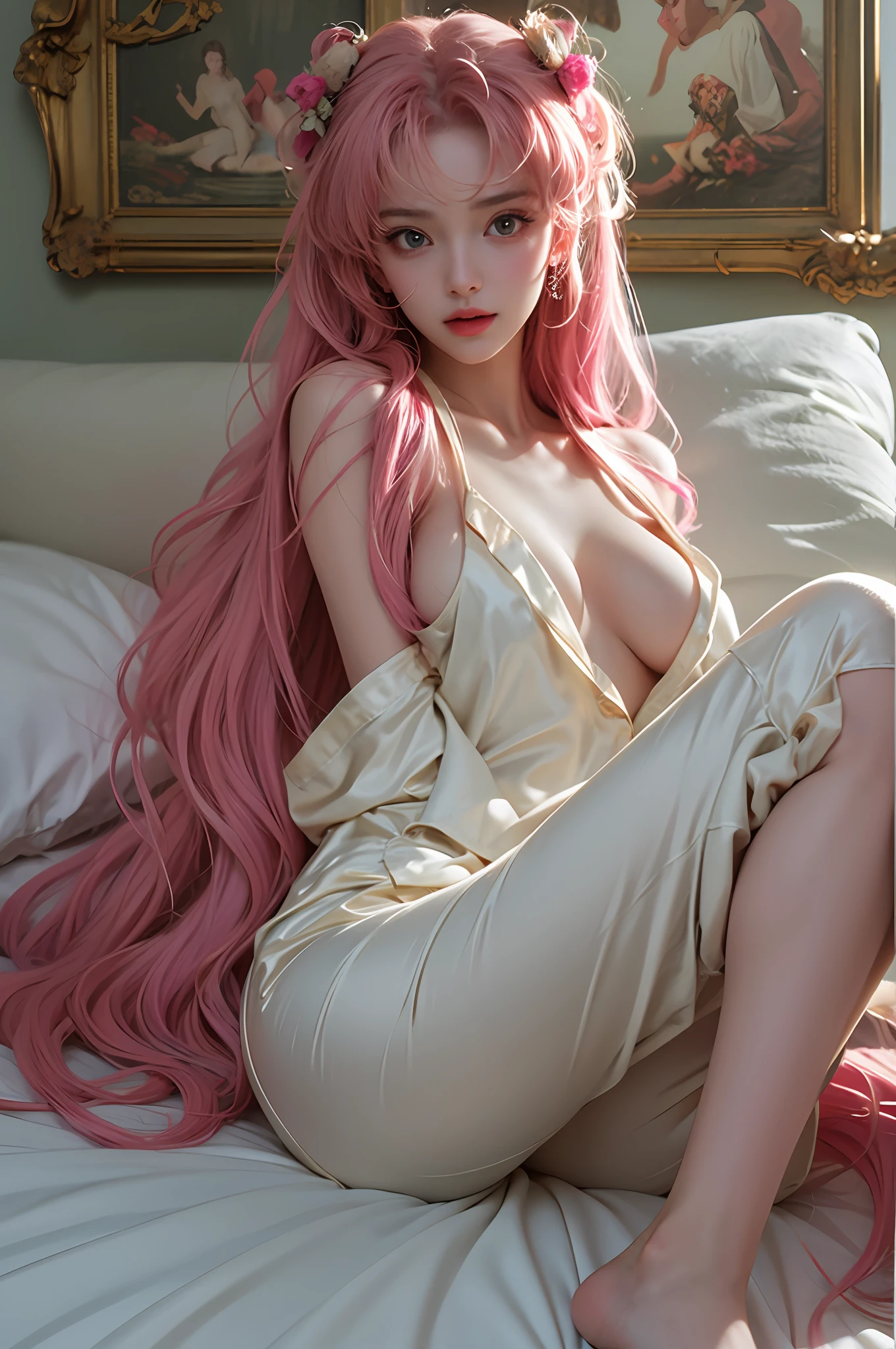 Sexy girl on white bed，Charming eyes，Heartwarming action，Look into the distance，Open legs，head looking up，Transparent silk pajamas ，barechested，Thick long hair，Highly detailed body，Highly detailed face，Best quality at best