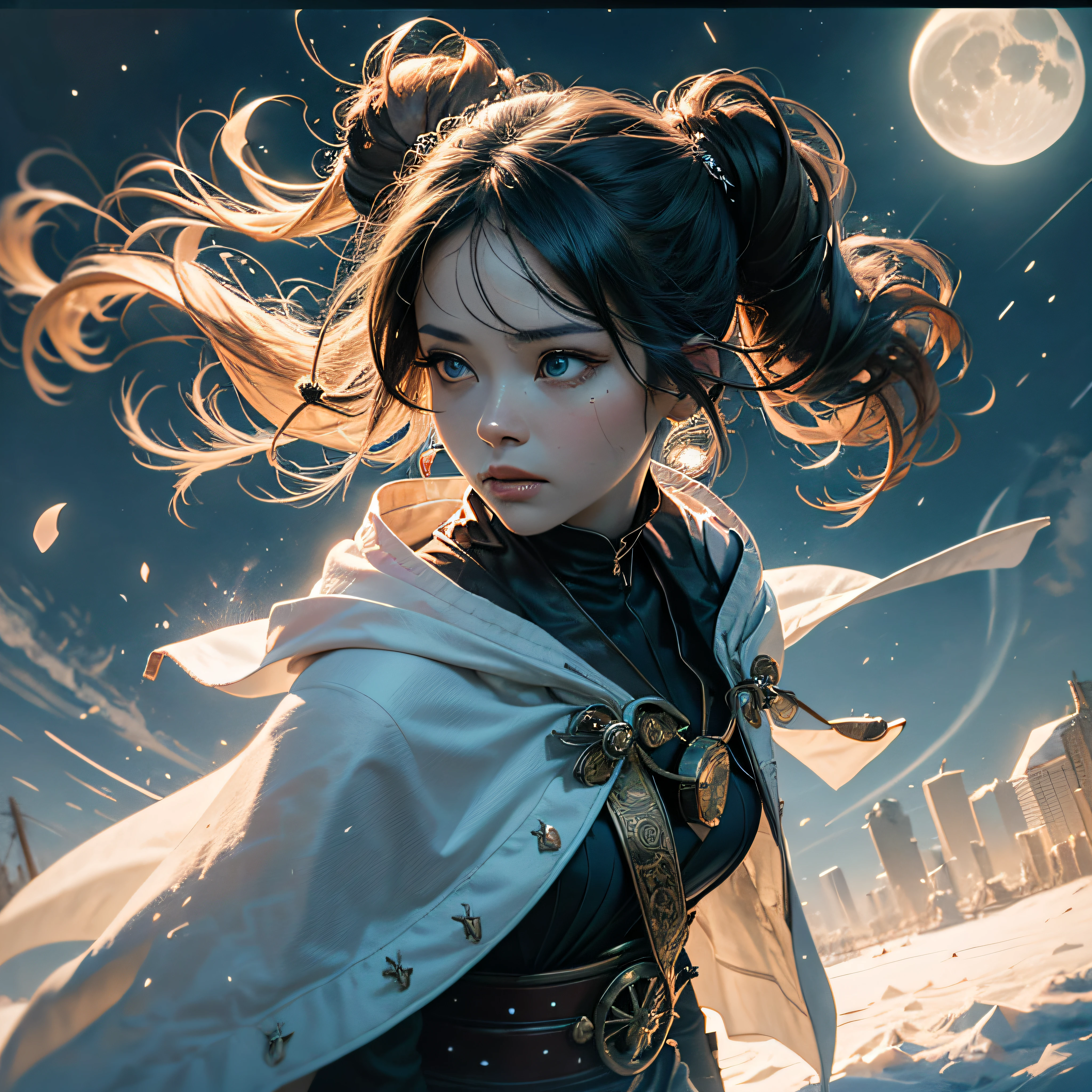 tmasterpiece,(best qualtiy:1.2),(super-fine:1.2),illustratio,(Extremely refined and beautiful:1.2),Movie Angle,floatking,(beatiful detailed eyes:1.1),(Detail light:1.1),电影灯光,Exquisite sky,perverted woman,whaite hair,eBlue eyes,(high ponytails:1.1),cloaks,glowing light eyes,(themoon:1.2),(rays of moonlight:1.1),starrysky,(Light particles:1.1),mist,Snow painting,sketching,Bloom Hands on chin --auto