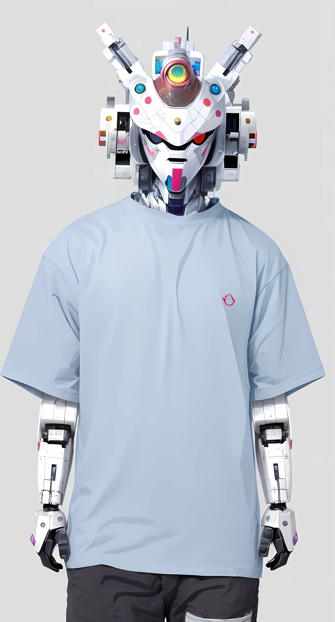 arafed image of a man wearing a robot mask with a blue shirt, anime robotic mixed with organic, portrait of a futuristic robot, symmetry!! portrait of cyborg, portrait of a mech, mecha inspired, portrait of a teen robot, portrait of a space cyborg, portrait of a robot, portrait of male humanoid, detailed humanoid