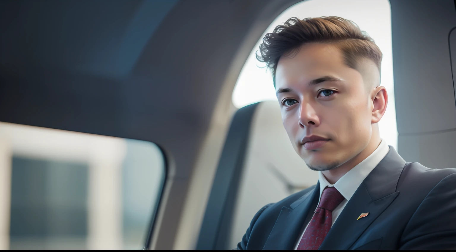 elon musk sitting on his executive plane, (sunburned skin, detailed face, detailed iris, full lips, ((cute, wearing a modern luxury dark navy blue suit, pocket handkerchief, buff, wavy low fade haircut)), intricate details, studio lighting, 80mm, portrait, shallow depth of field, CEO, smirking, happy 8k uhd, dslr, soft lighting, high quality, film grain, Fujifilm XT3