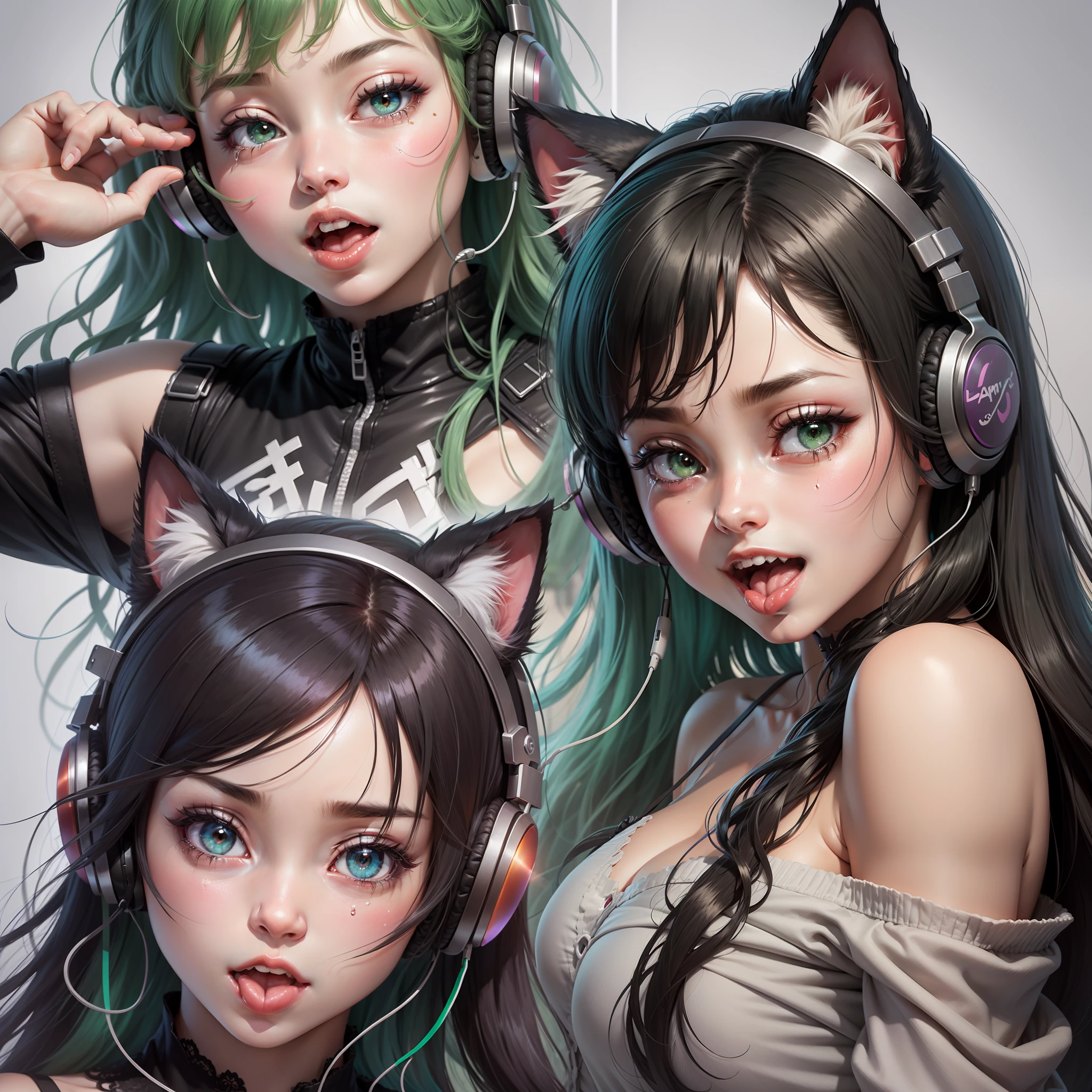 There is a green hair on the left side of the black hair, black hair, colored inner hair, long hair, very long hair, single sidelock, straight hair, hairband, over-rim eyewear, behind-the-head headphones, furrowed brow, happy tears, slit pupils, cat ear headphones, light smile, shy, blush, tongue, saliva, tongue out, flustered, heavy breathing, endured face, oral invitation, anime style, glowing light, tachi-e, three sided view, multiple views, textured skin, UHD, masterpiece, ccurate, anatomically correct, super detail, high details, award winning, high quality