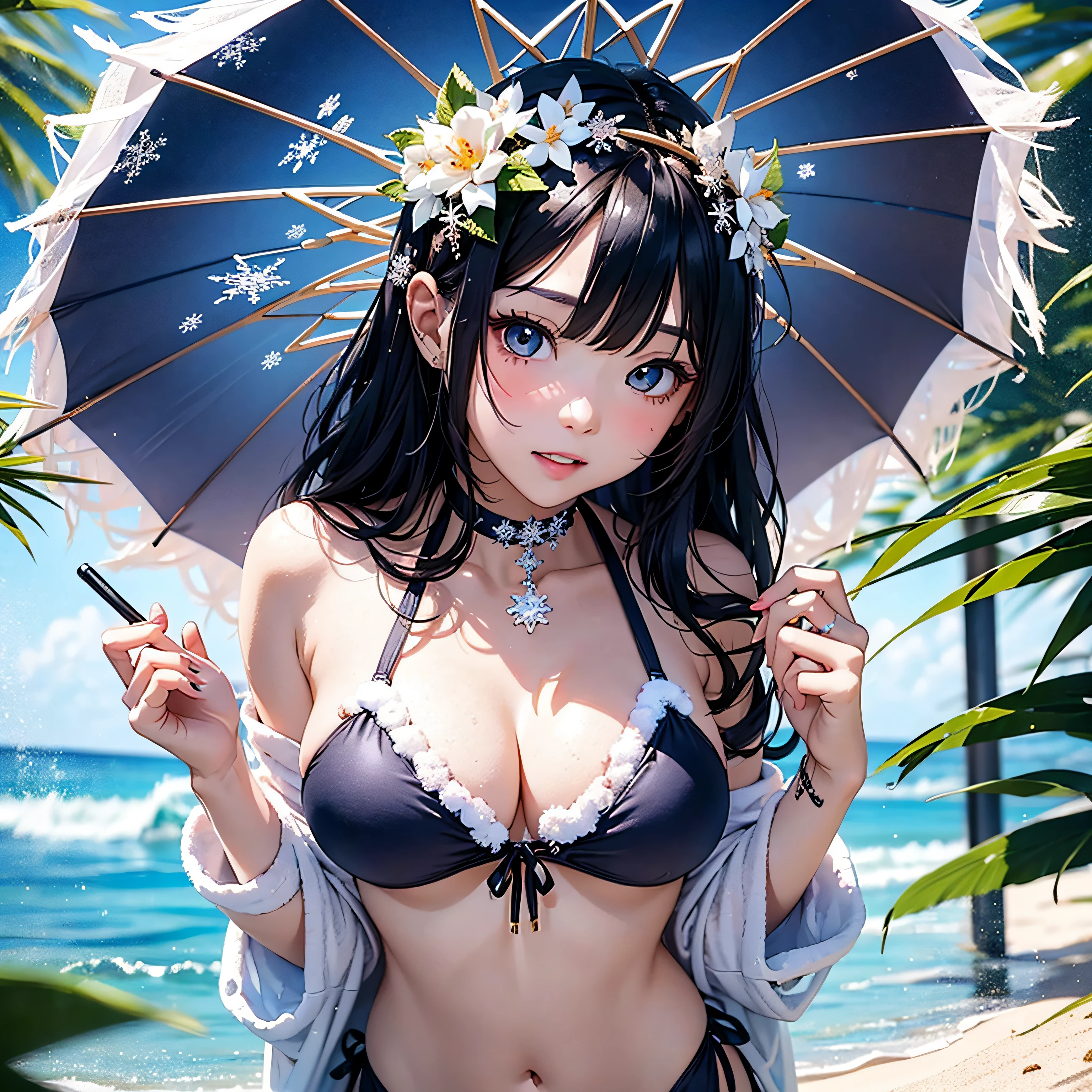 jpn、Beautiful snow woman with long black hair and snowflake hair ornament、18year old、Wearing a blue bikini swimsuit with plenty of snowflake shapes、pareo、Japanese umbrella、flipflops、shave ice、watermelons、sand beach、​masterpiece、realisitic