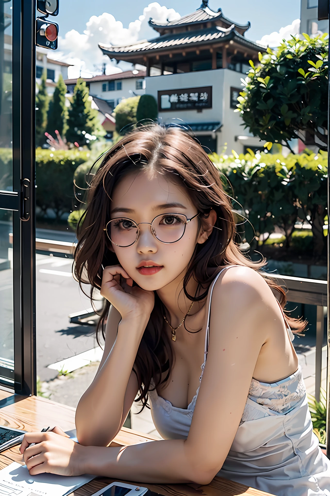 There was a woman sitting at the table,holding laptop, With glasses, wearing thin large round glasses, thin round glasses, with square glasses, wearing small round glasses, a girl with round glasses, Girl with glasses, eye glass, Round glasses, Gorgeous young Korean woman, wearing round glasses, wears glasses, eye glass, Beautiful Asian girl, Glasses, Korean girl
